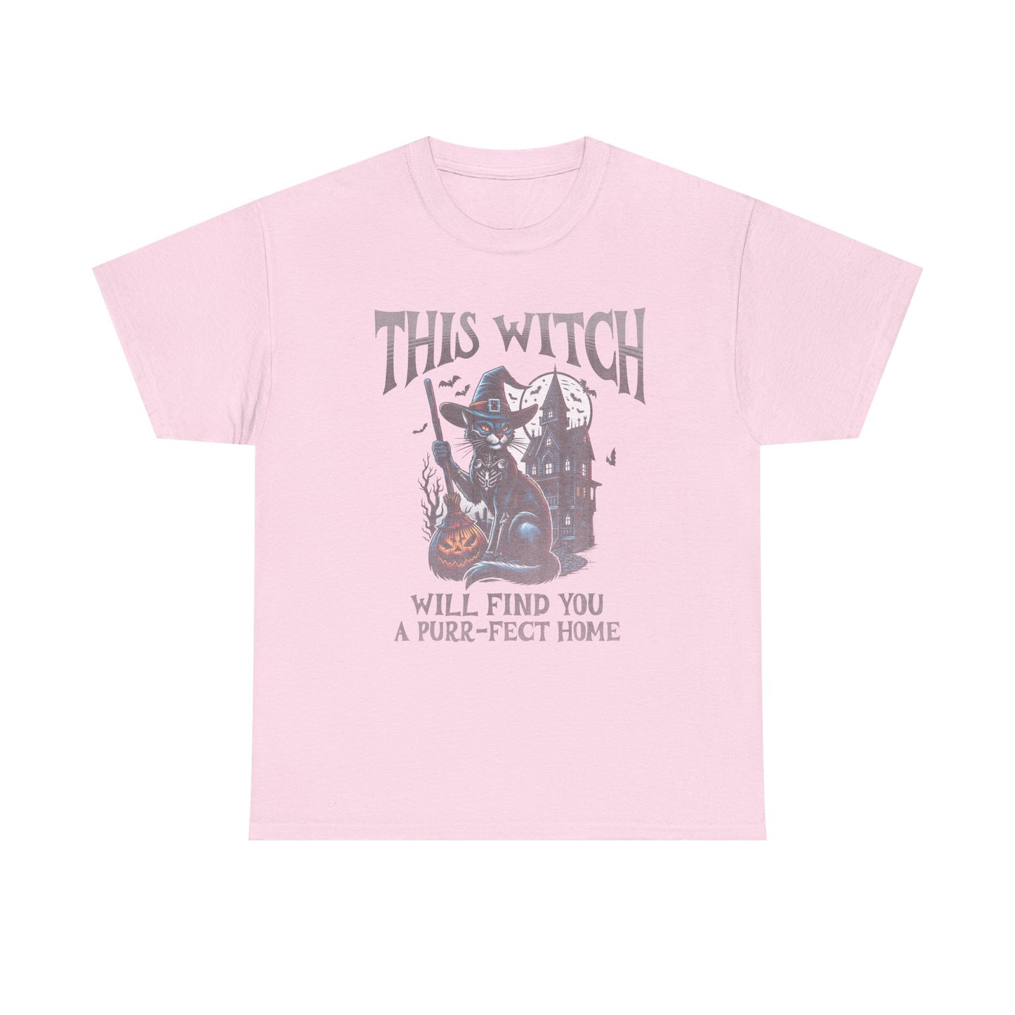 Pink t-shirt with a graphic of a witch and cat, and text on a white background