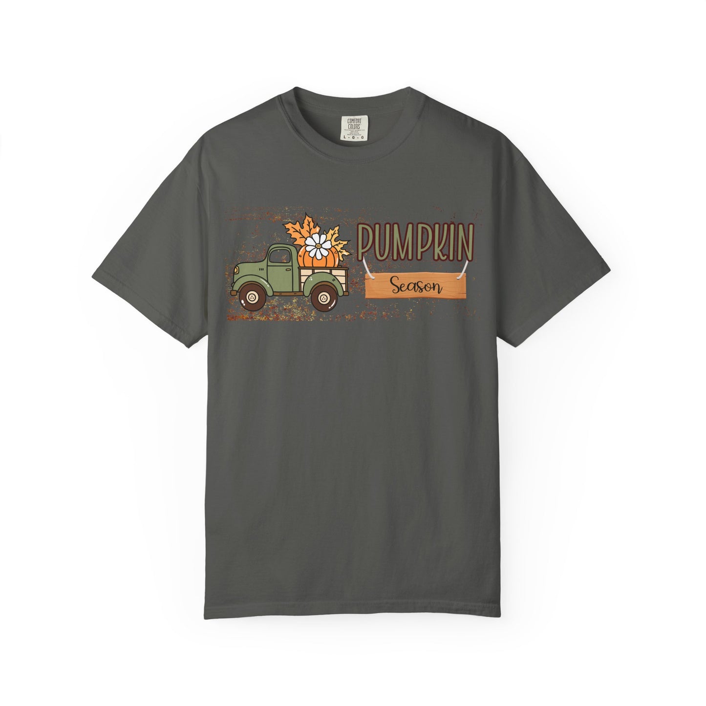 Gray t-shirt with a graphic of a truck and 'Pumpkin Season' text on a white background
