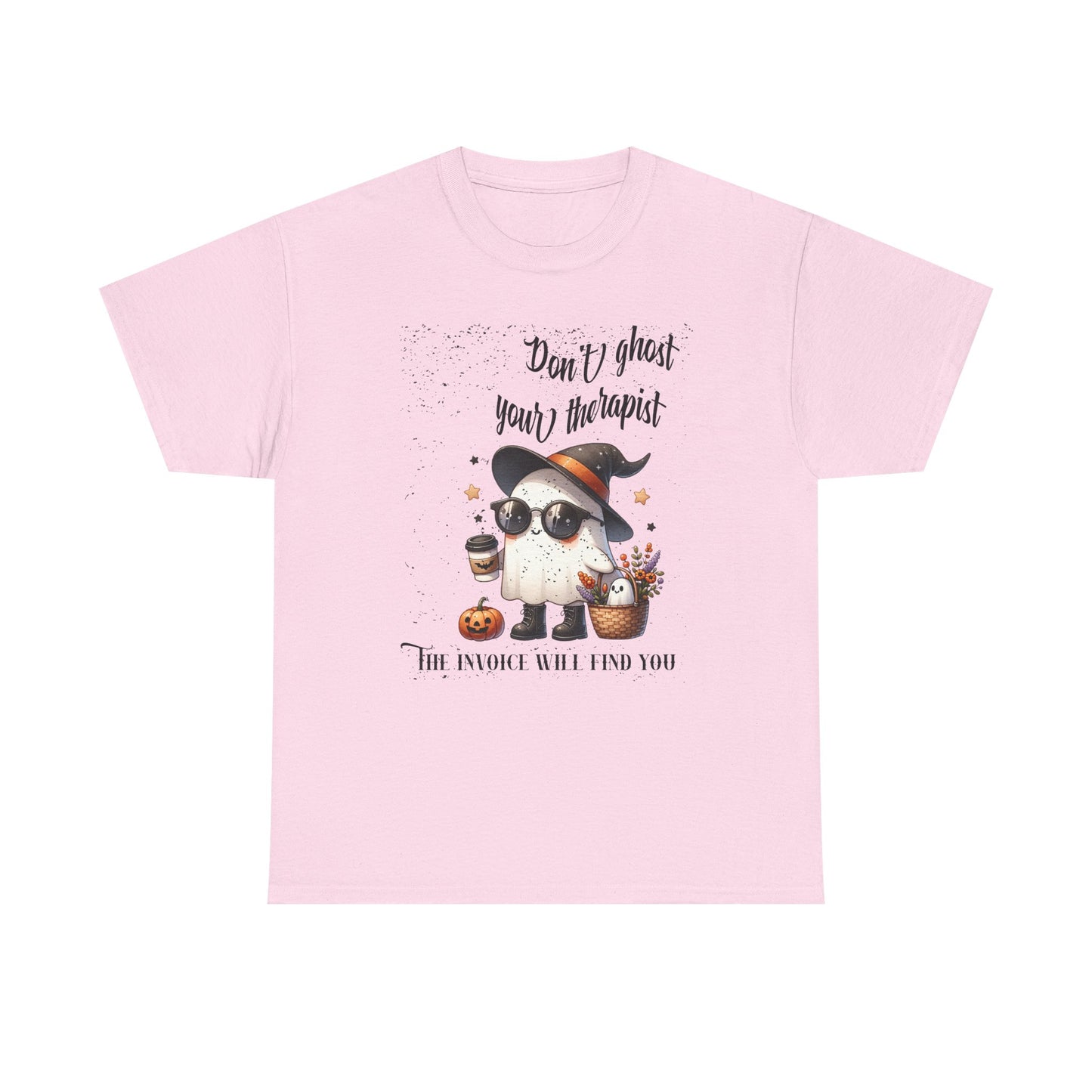 Pink t-shirt with a cartoon ghost wearing a witch hat and text on a white background