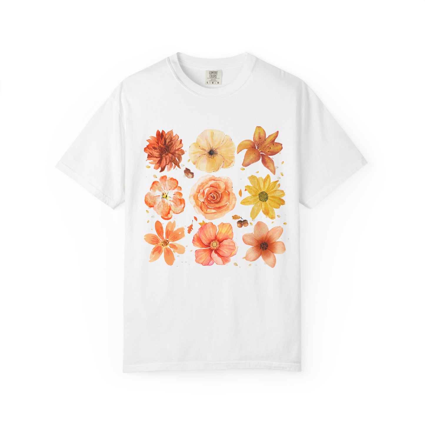 White t-shirt with colorful floral design on a white background