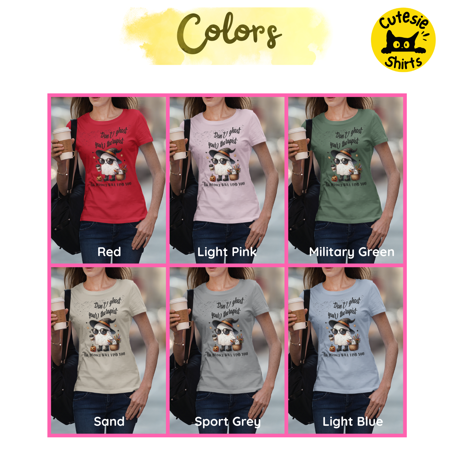 Collage of six t-shirts in different colors with a cartoon cow design, labeled 'Red', 'Light Pink', 'Military Green', 'Sand', 'Sport Grey', and 'Light Blue'.