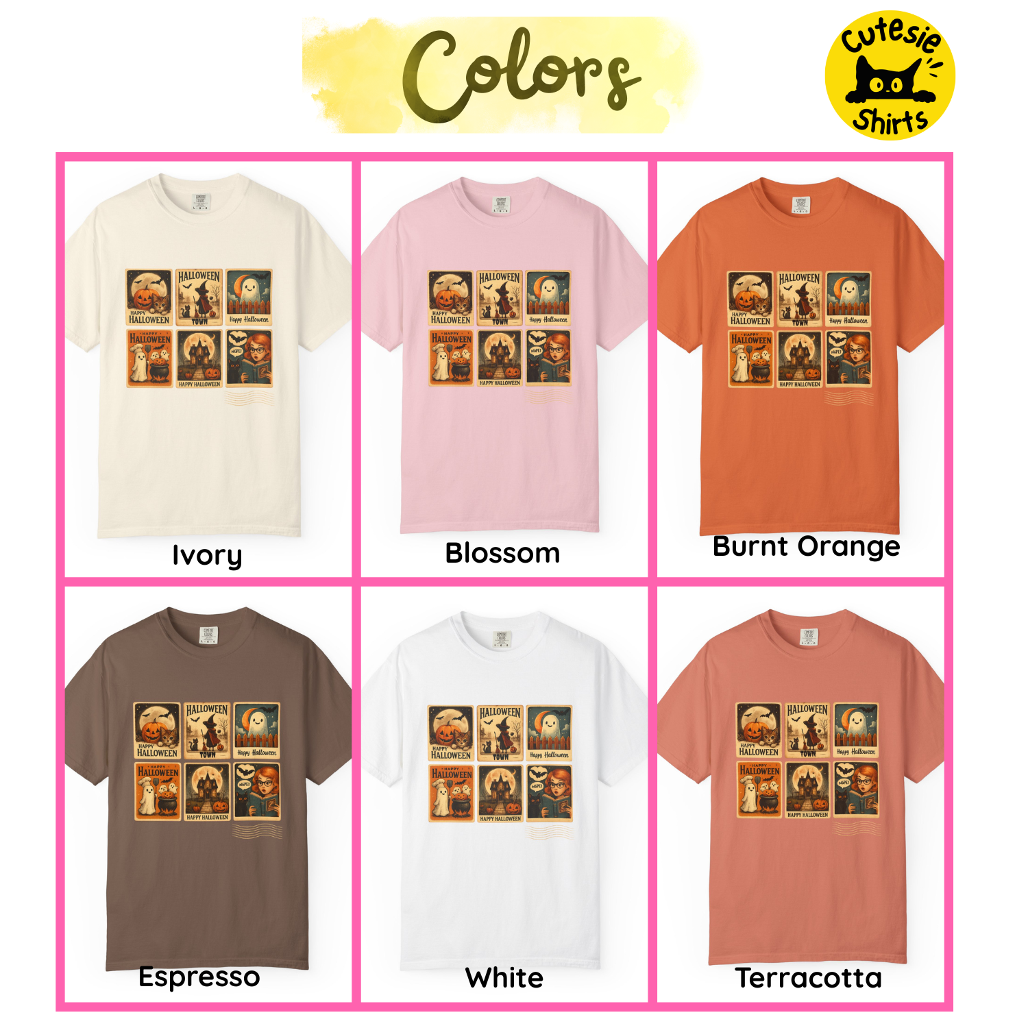 Collection of t-shirts in various colors with a graphic design on a white background.