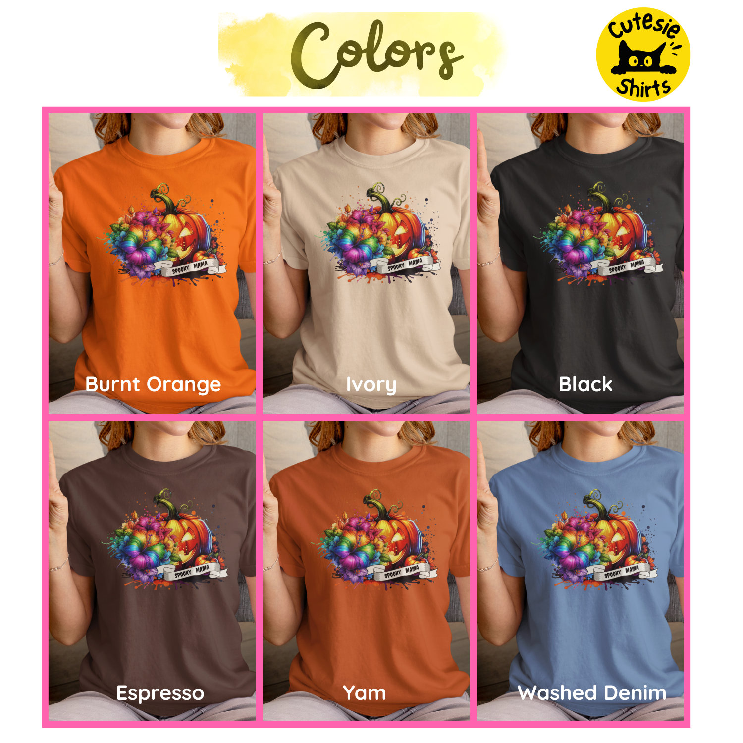 Collage of six t-shirts in different colors with a colorful pumpkin design, labeled 'Burnt Orange', 'Ivory', 'Black', 'Espresso', 'Yam', and 'Washed Denim'.