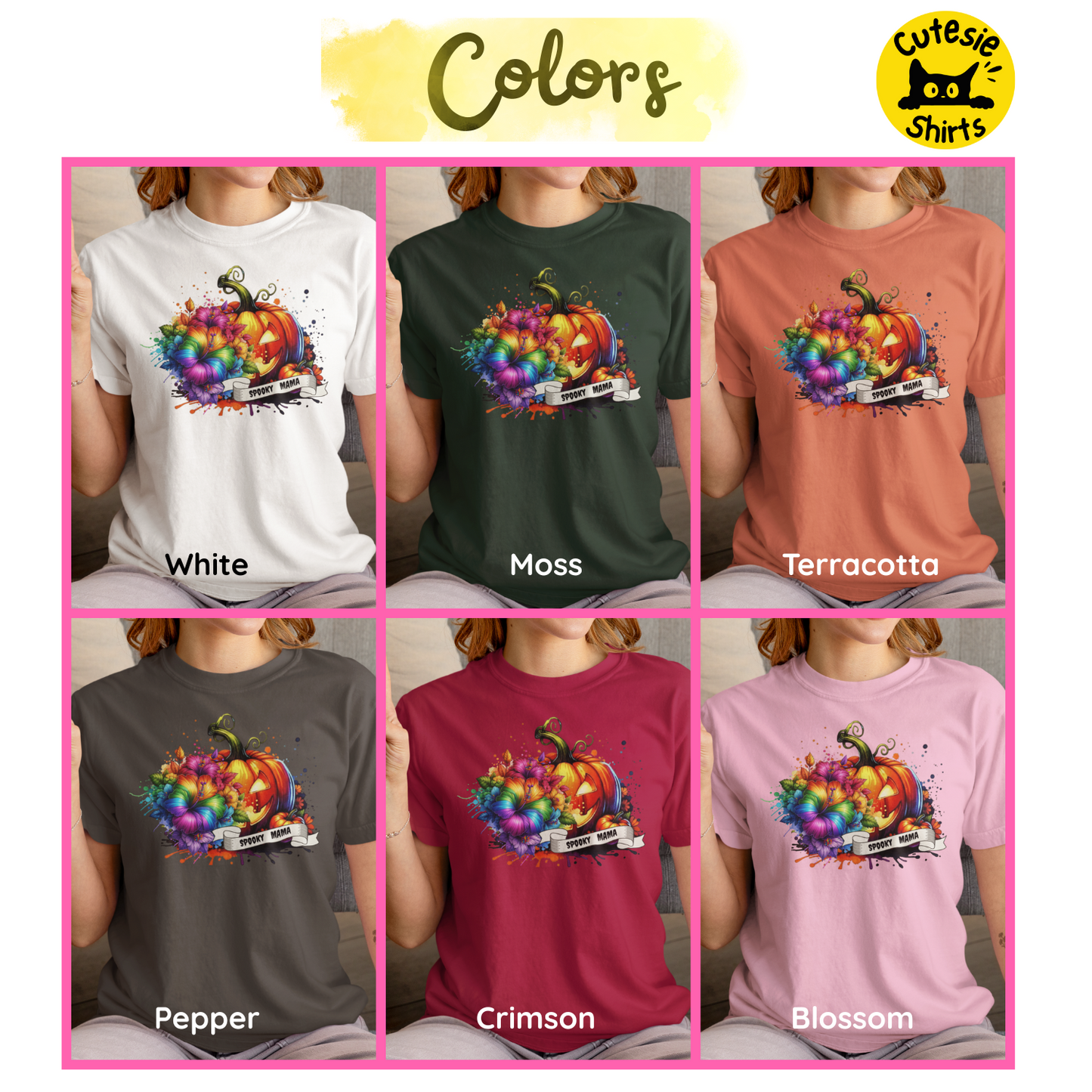 Collage of t-shirts in different colors with a colorful pumpkin design, labeled 'Cutesie Shirts'.
