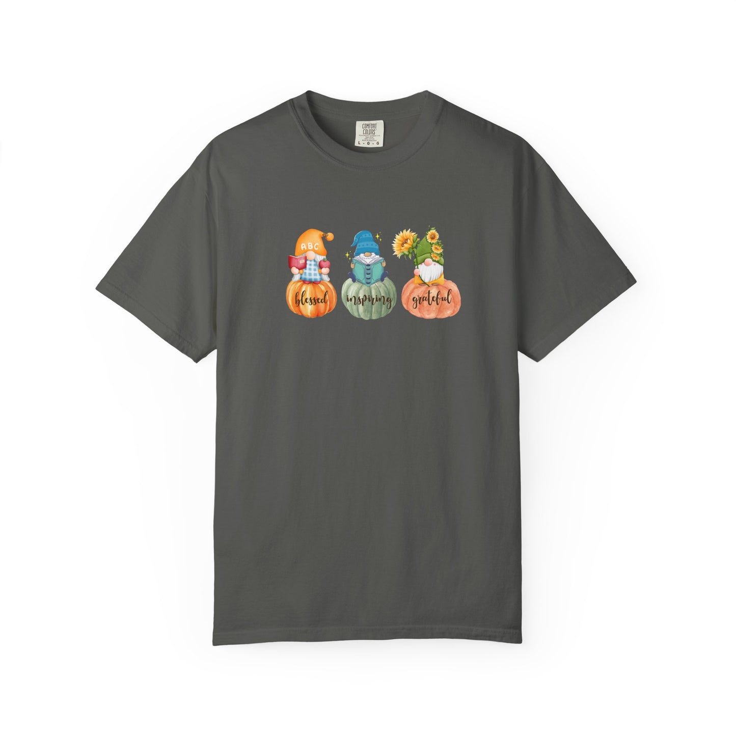 Gray t-shirt with colorful gnomes and pumpkins design on a white background