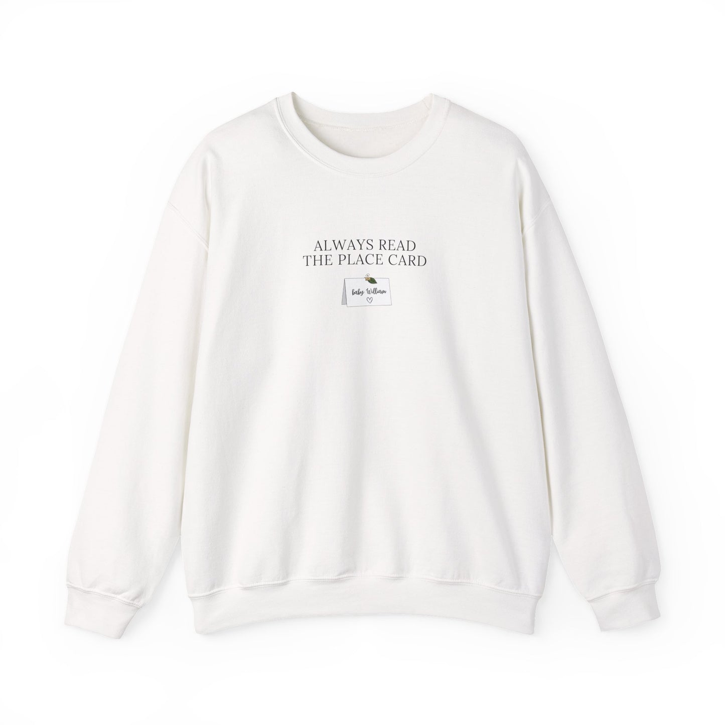 White sweatshirt with text on a white background