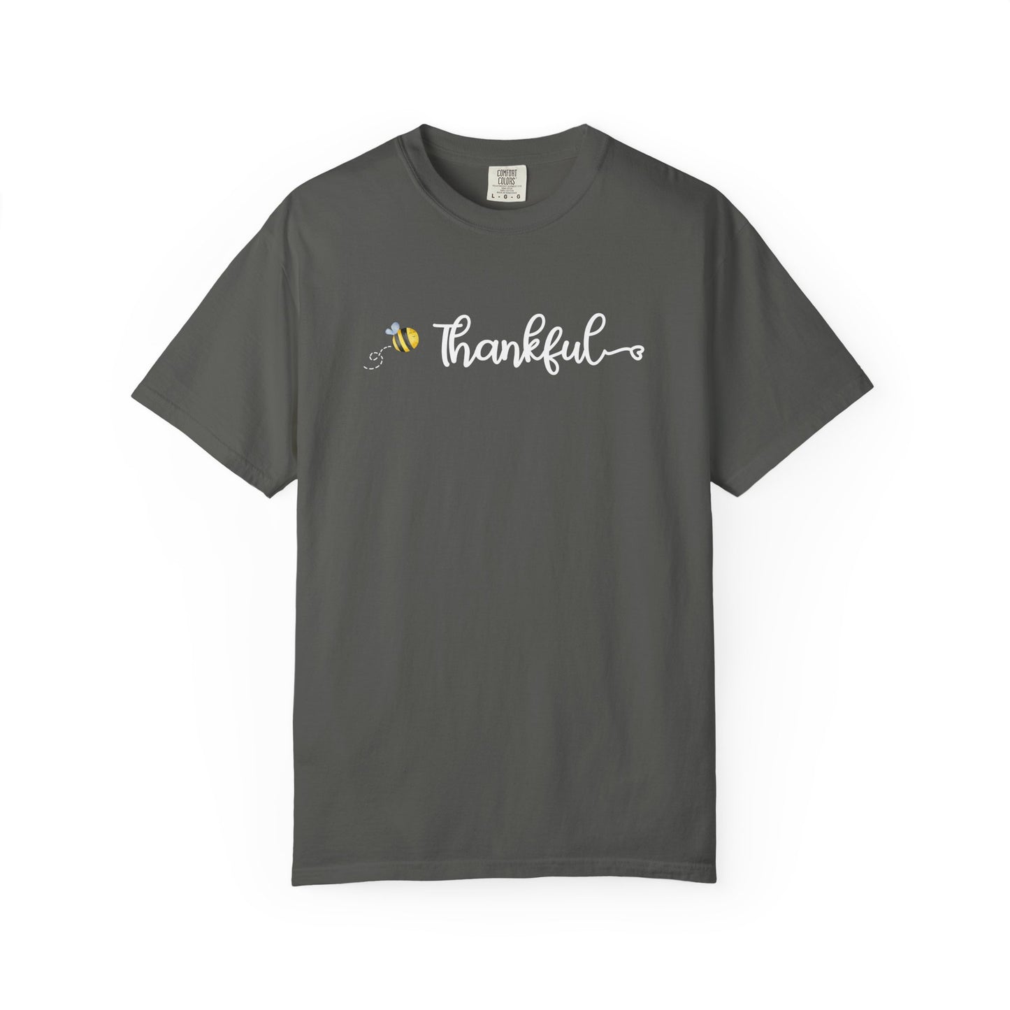 Gray t-shirt with 'thankful' text and bee graphic on a white background