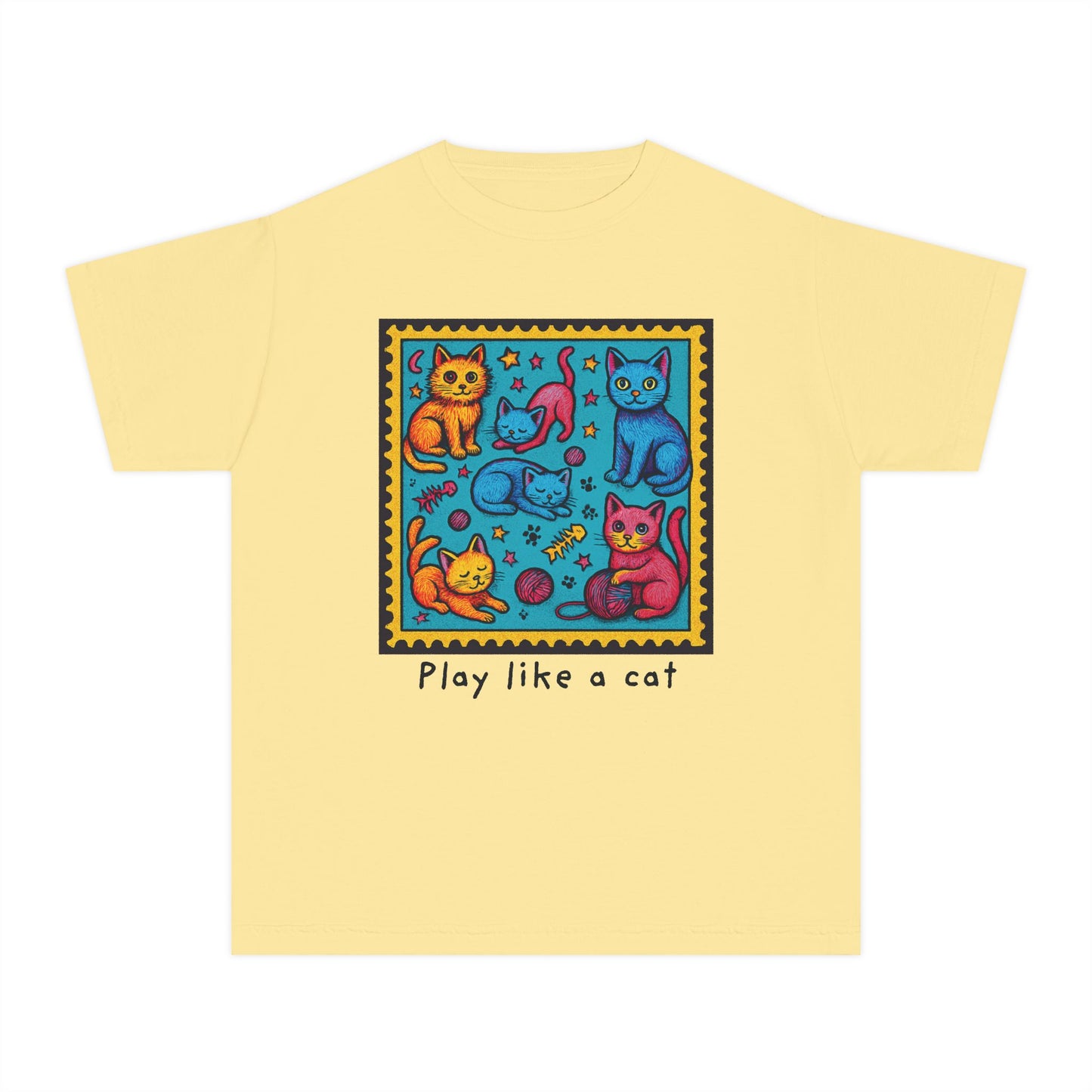 Play Like A Cat Pop Art Style Youth Tee, Comfort Colors T-Shirt for Kids, Cat Lover Gift, Graphic Print Shirt, Kitty Theme Clothing