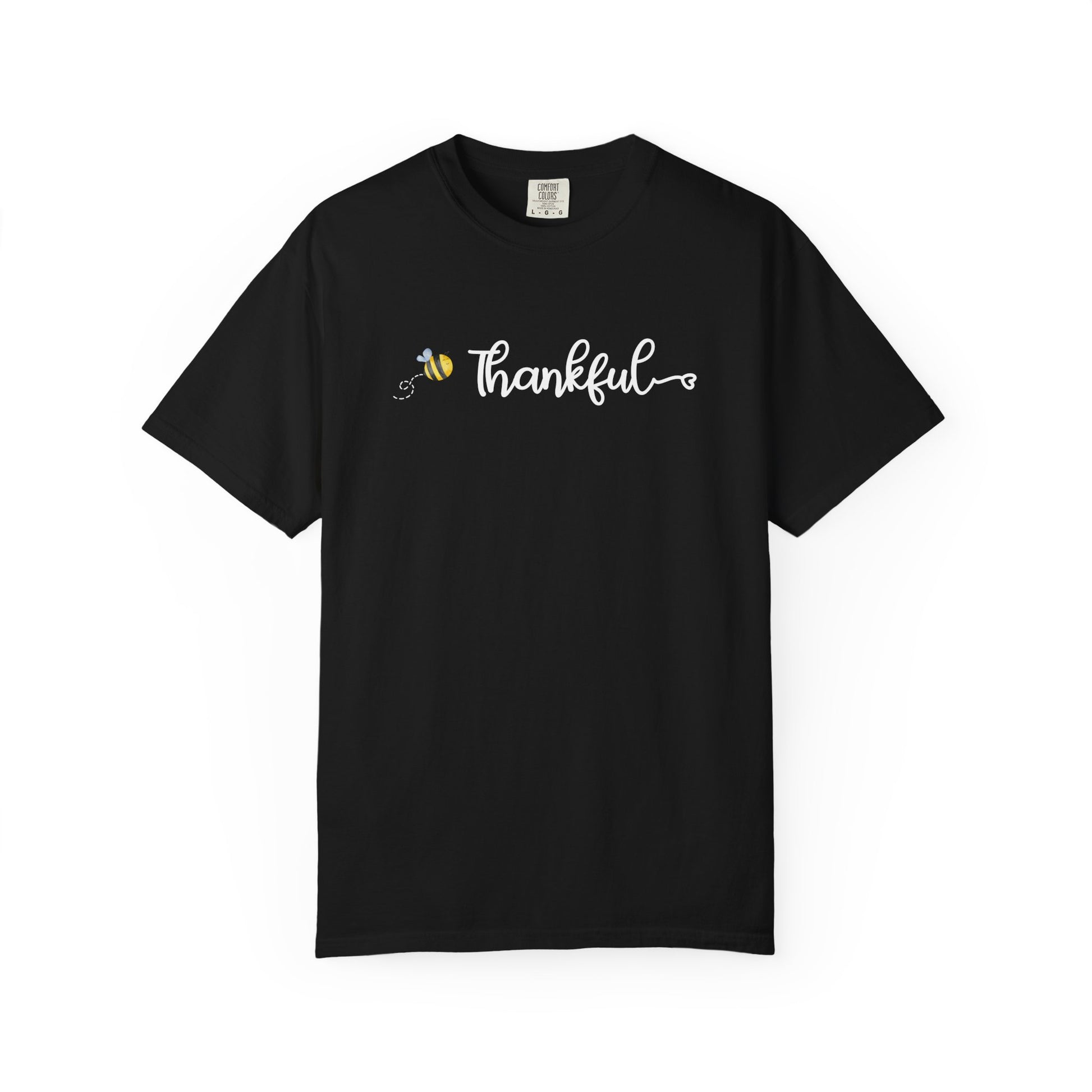 Black t-shirt with 'Thankful' and a bee graphic on a white background