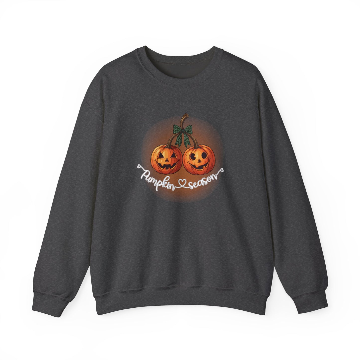 Dark gray sweatshirt with Halloween-themed design of pumpkins and 'Pumpkin Season' text on a white background.