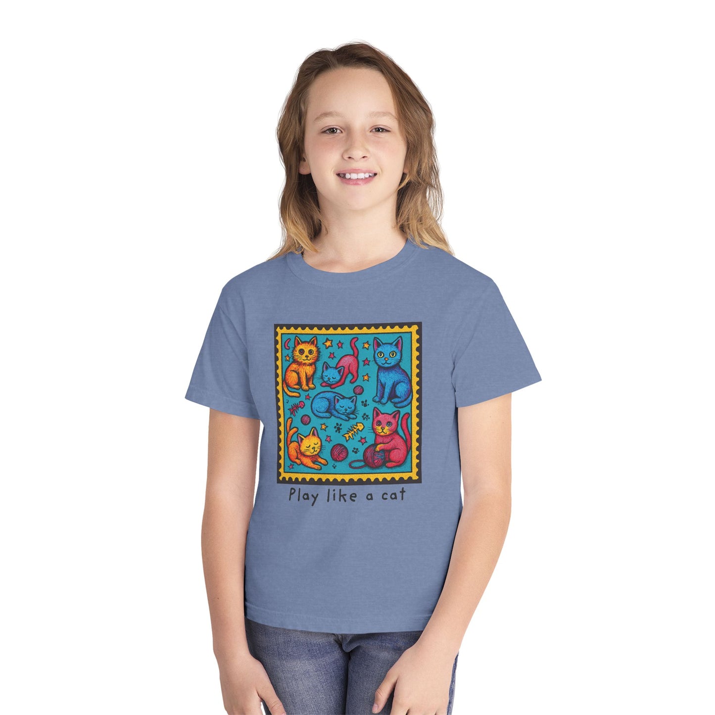 Play Like A Cat Pop Art Style Youth Tee, Comfort Colors T-Shirt for Kids, Cat Lover Gift, Graphic Print Shirt, Kitty Theme Clothing