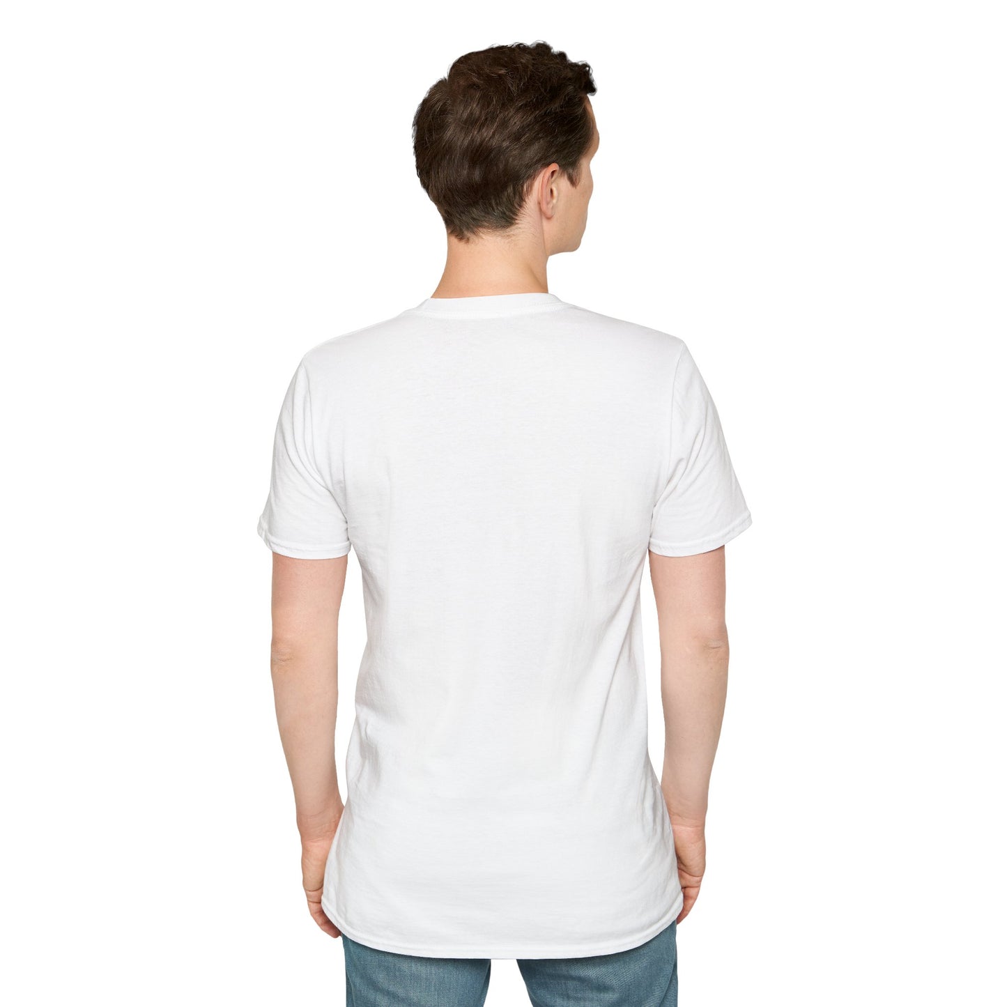 Person wearing a plain white t-shirt on a white background
