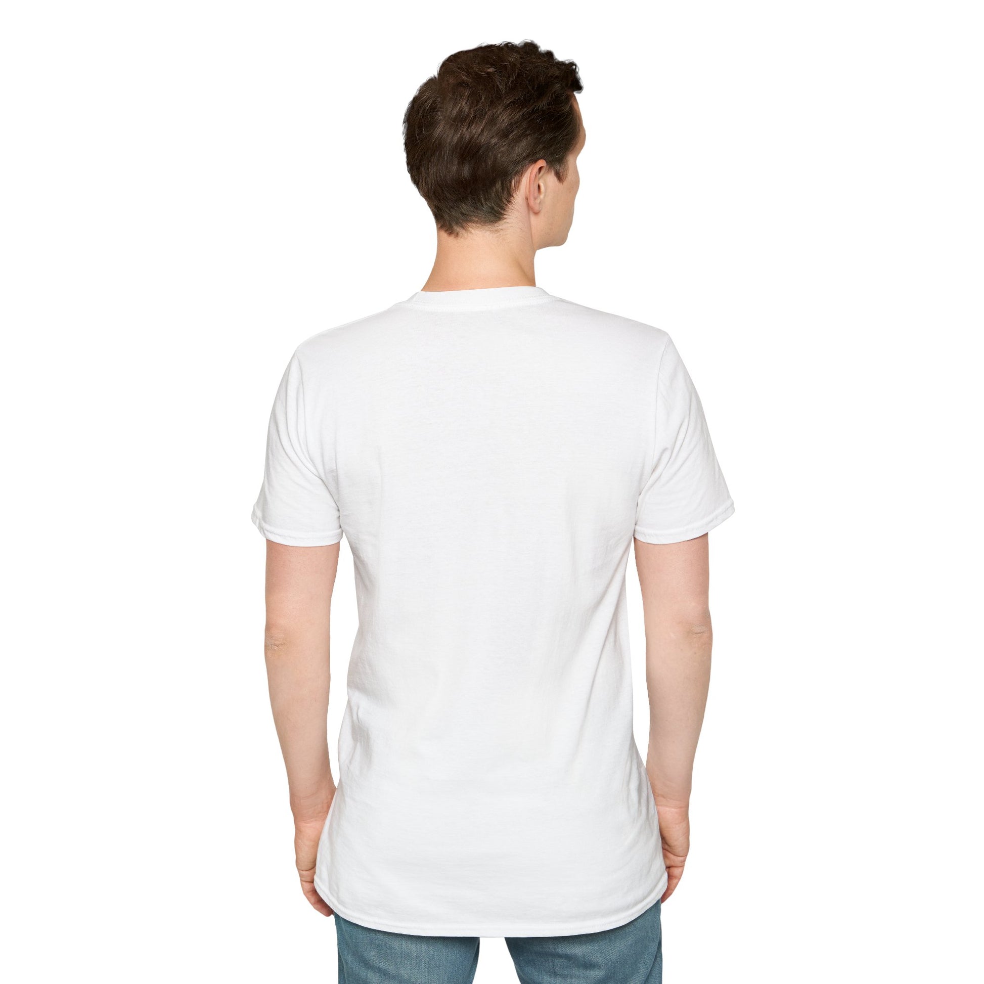 Person wearing a plain white t-shirt on a white background