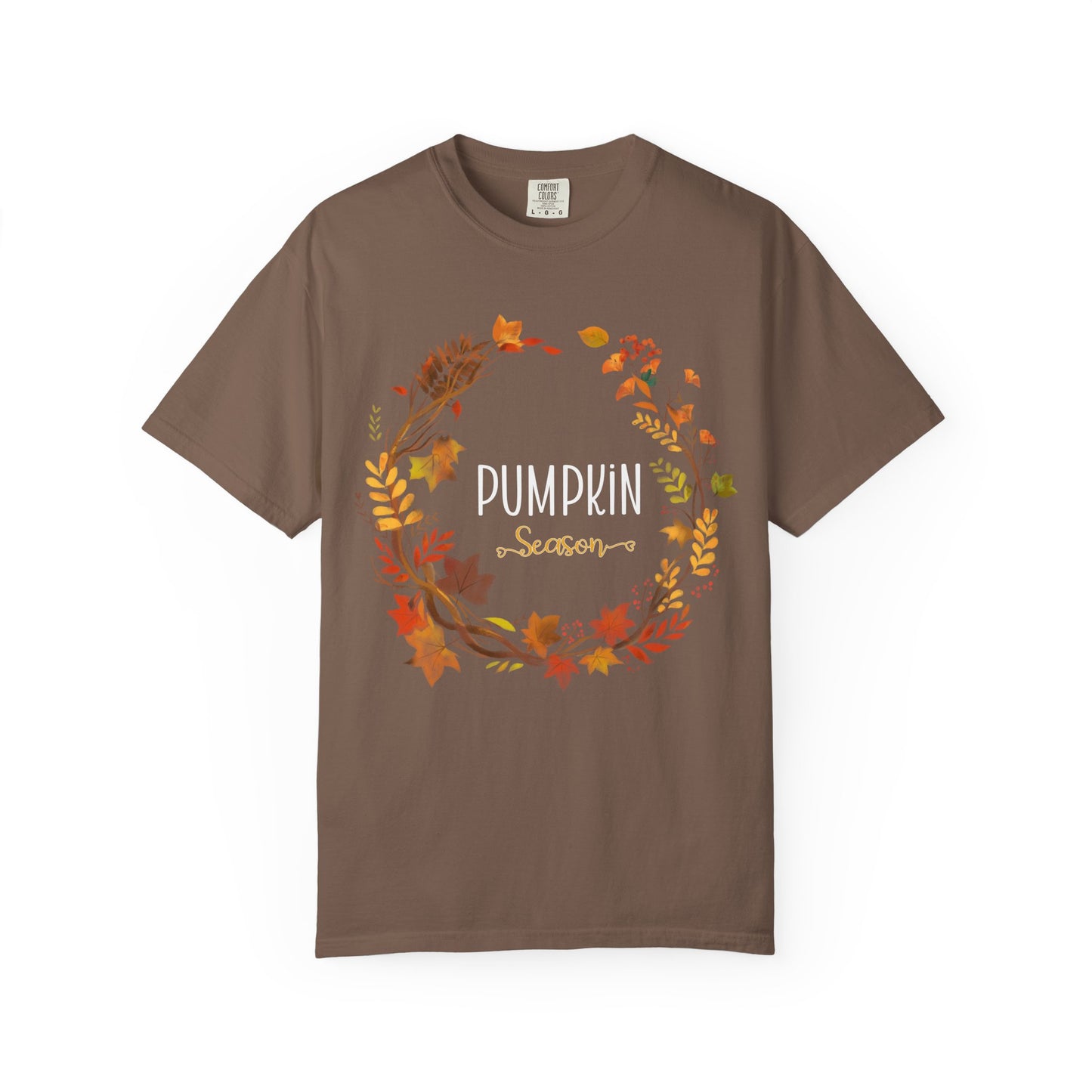 Brown t-shirt with 'Pumpkin Season' design featuring autumn leaves on a white background