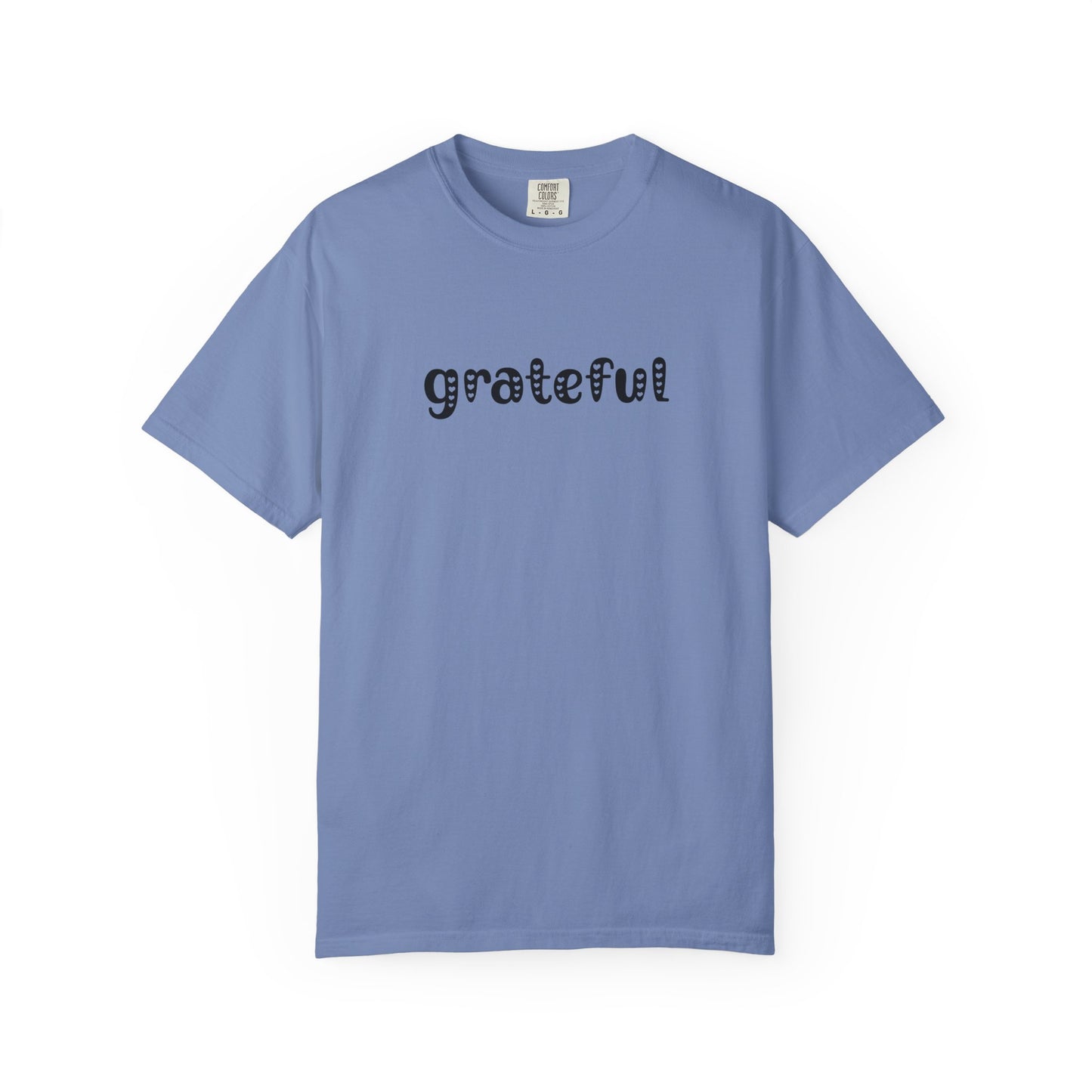 Blue t-shirt with 'grateful' text on a white background