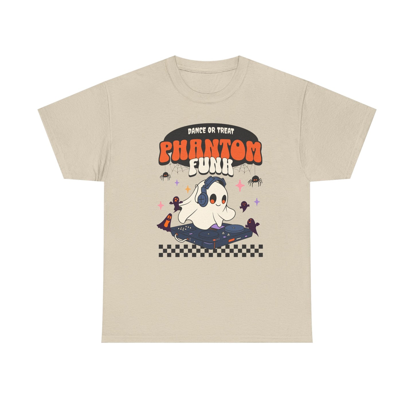 Beige t-shirt with a ghost graphic and 'Phantom Funk' text on a white background