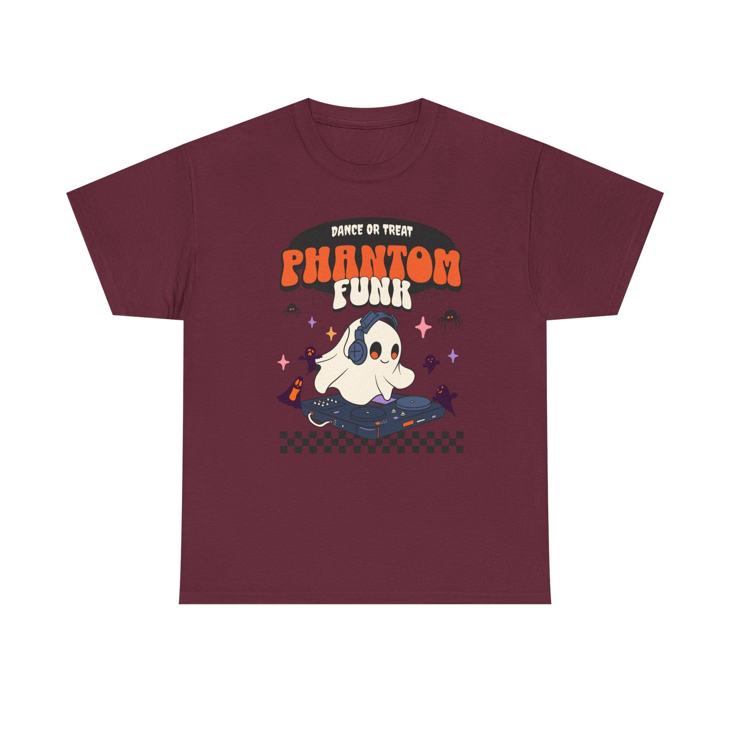 Maroon t-shirt with a ghost and 'Phantom Funk' text design on a white background