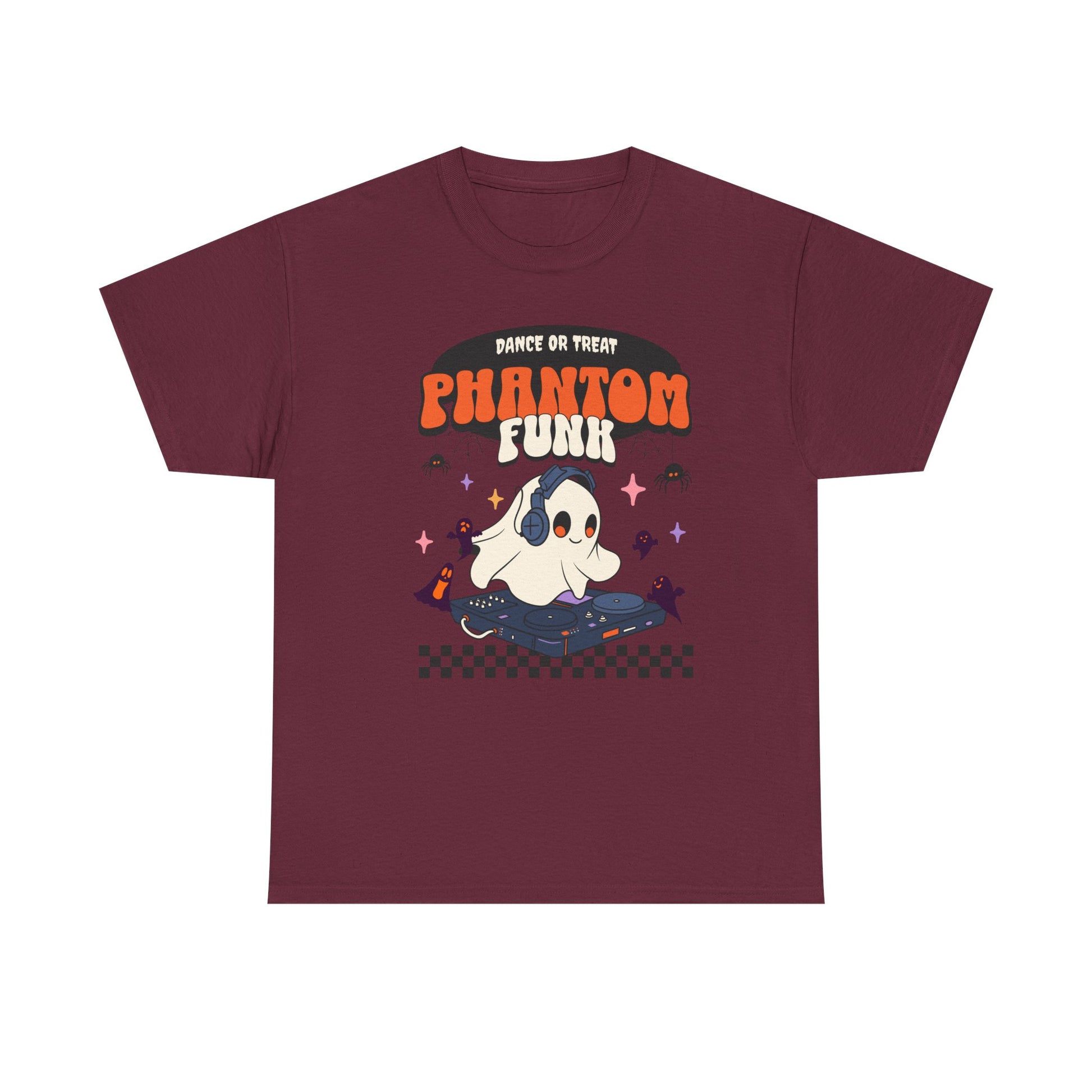 Maroon t-shirt with a ghost and 'Phantom Funk' text design on a white background