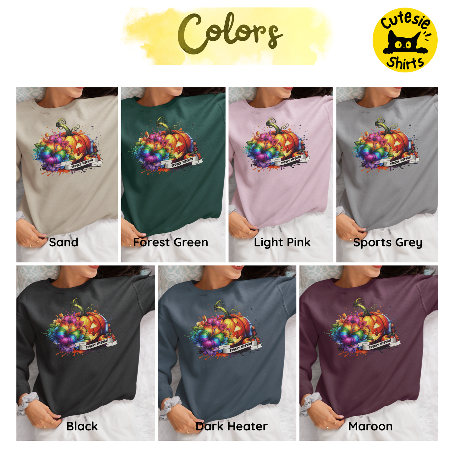 Collage of sweatshirts in various colors with a colorful pumpkin design, labeled 'Cutesie Shirts'.