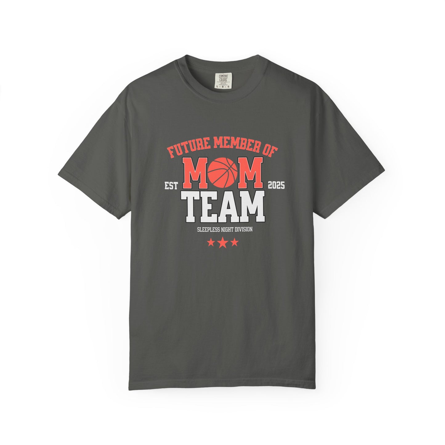 Gray t-shirt with 'Future Member of Mom Team' text and graphics on a white background