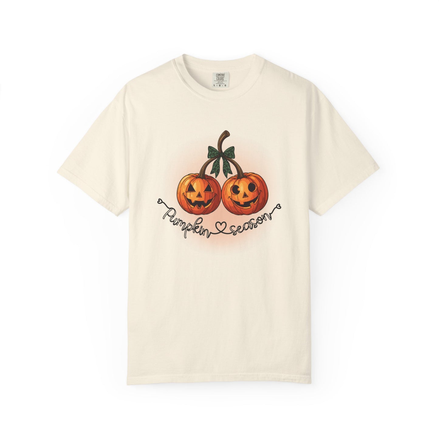 Beige t-shirt with pumpkin design and 'Pumpkin Season' text on a white background