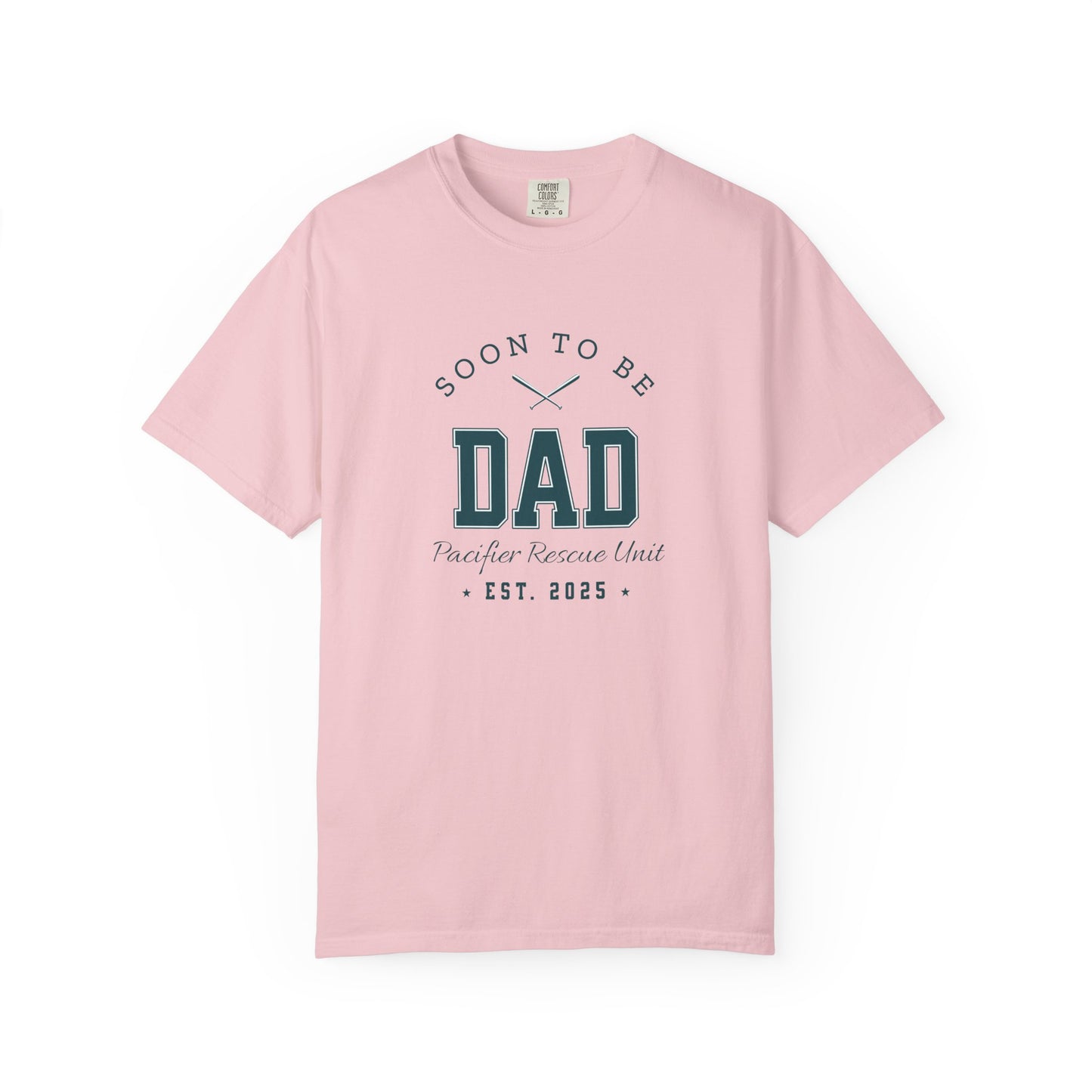 Pink t-shirt with 'Soon to be Dad' text on a white background