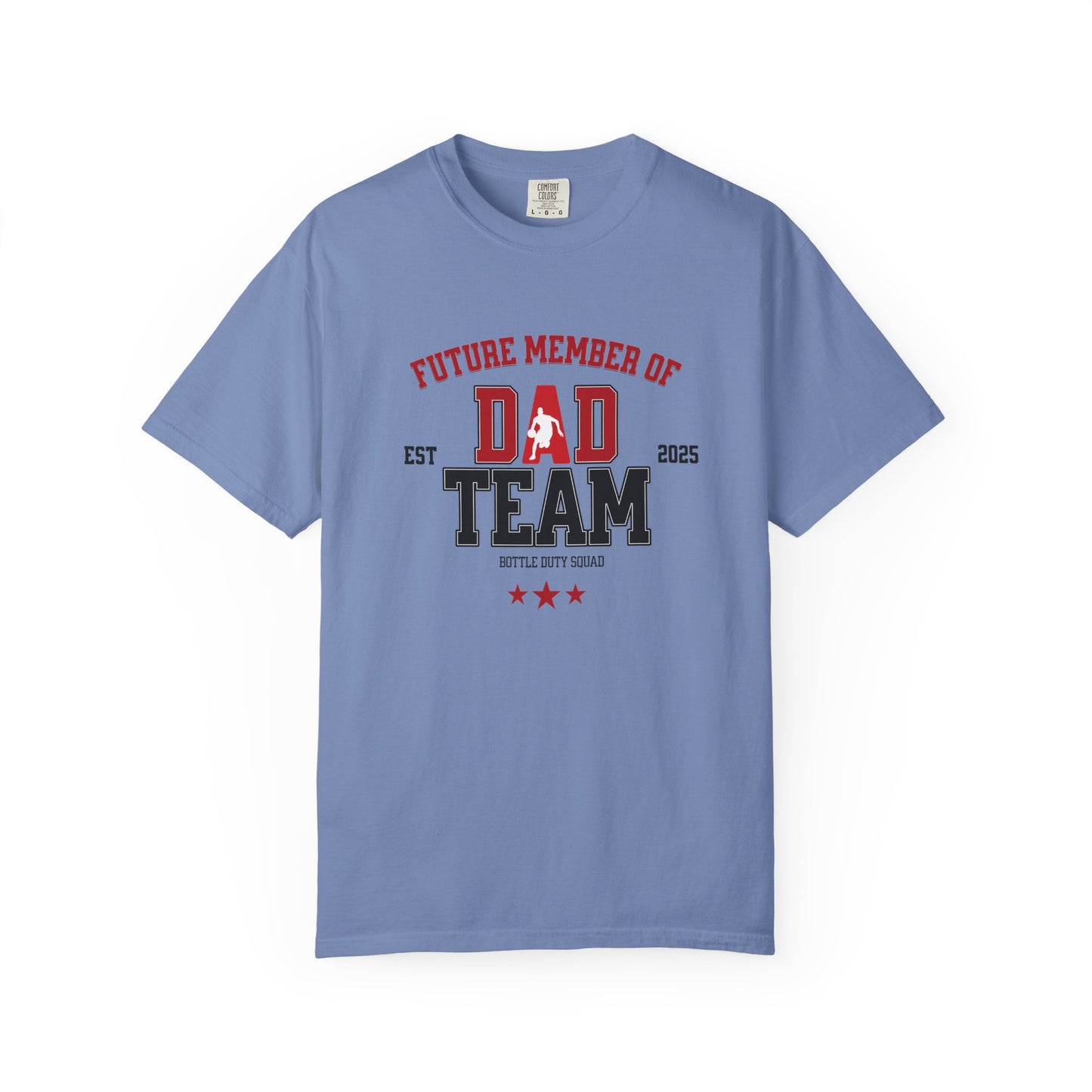 Blue t-shirt with 'Future Member of DAD Team' text and graphics on a white background