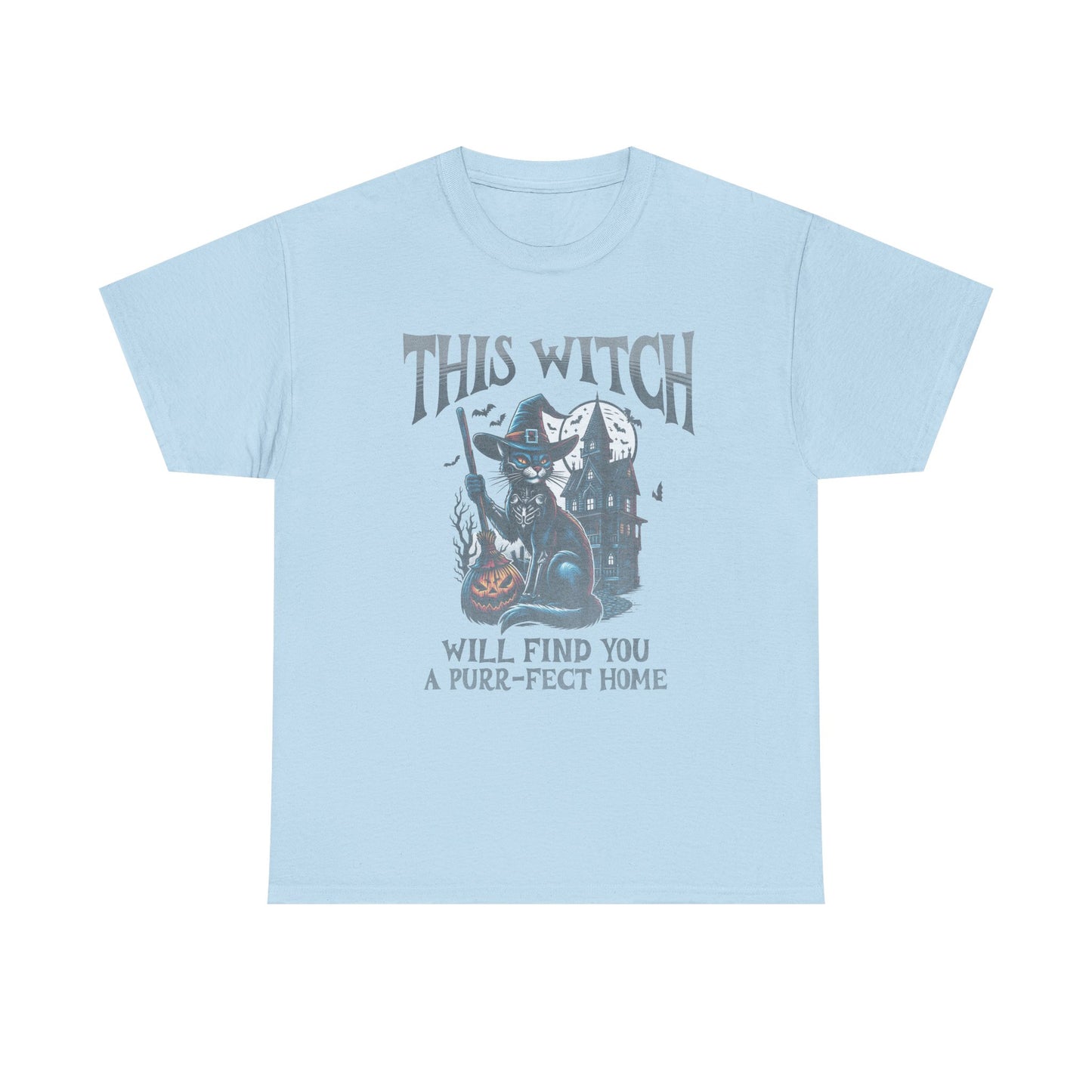 Light blue t-shirt with a graphic of a witch and a cat, and text on a white background