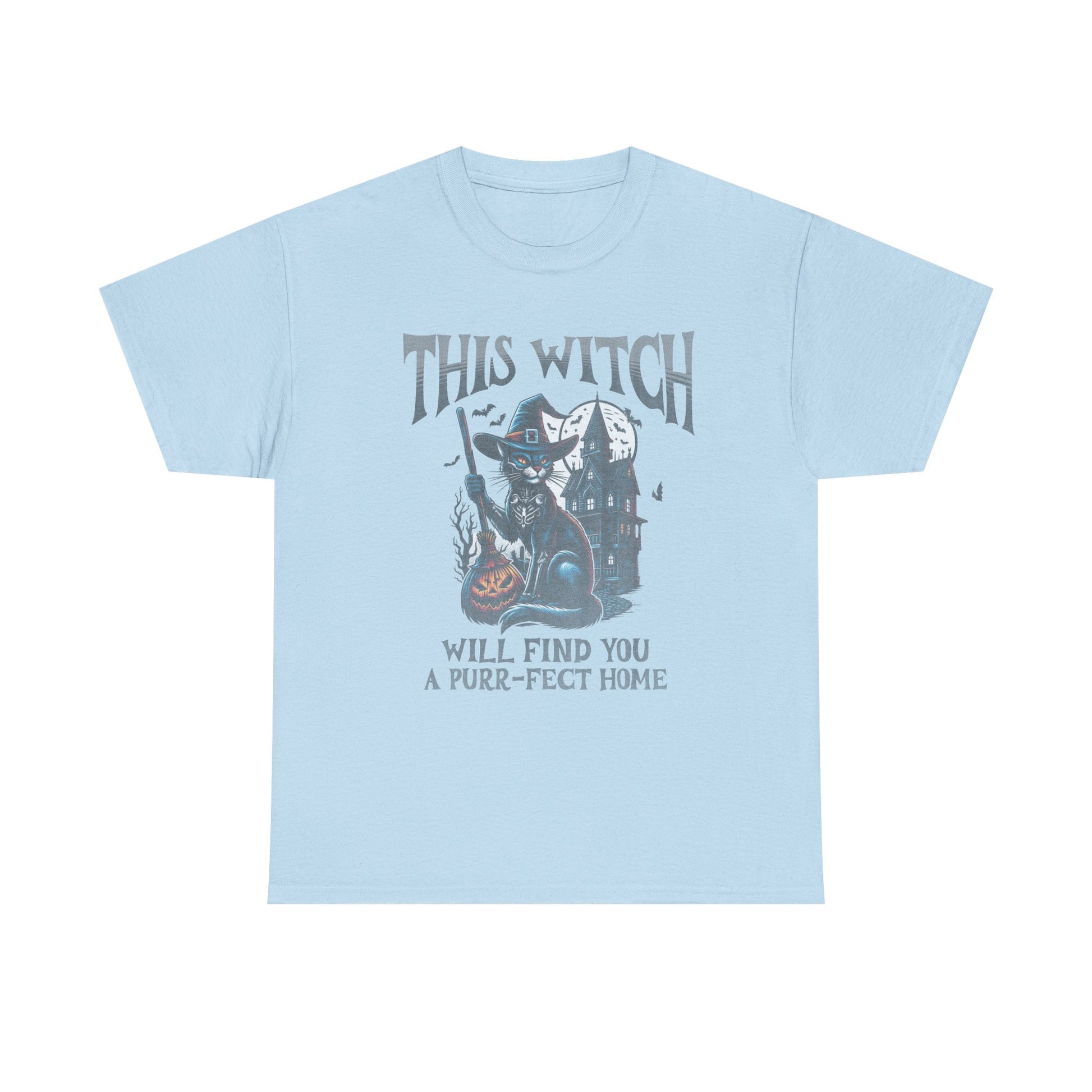 Light blue t-shirt with a graphic of a witch and a cat, and text on a white background