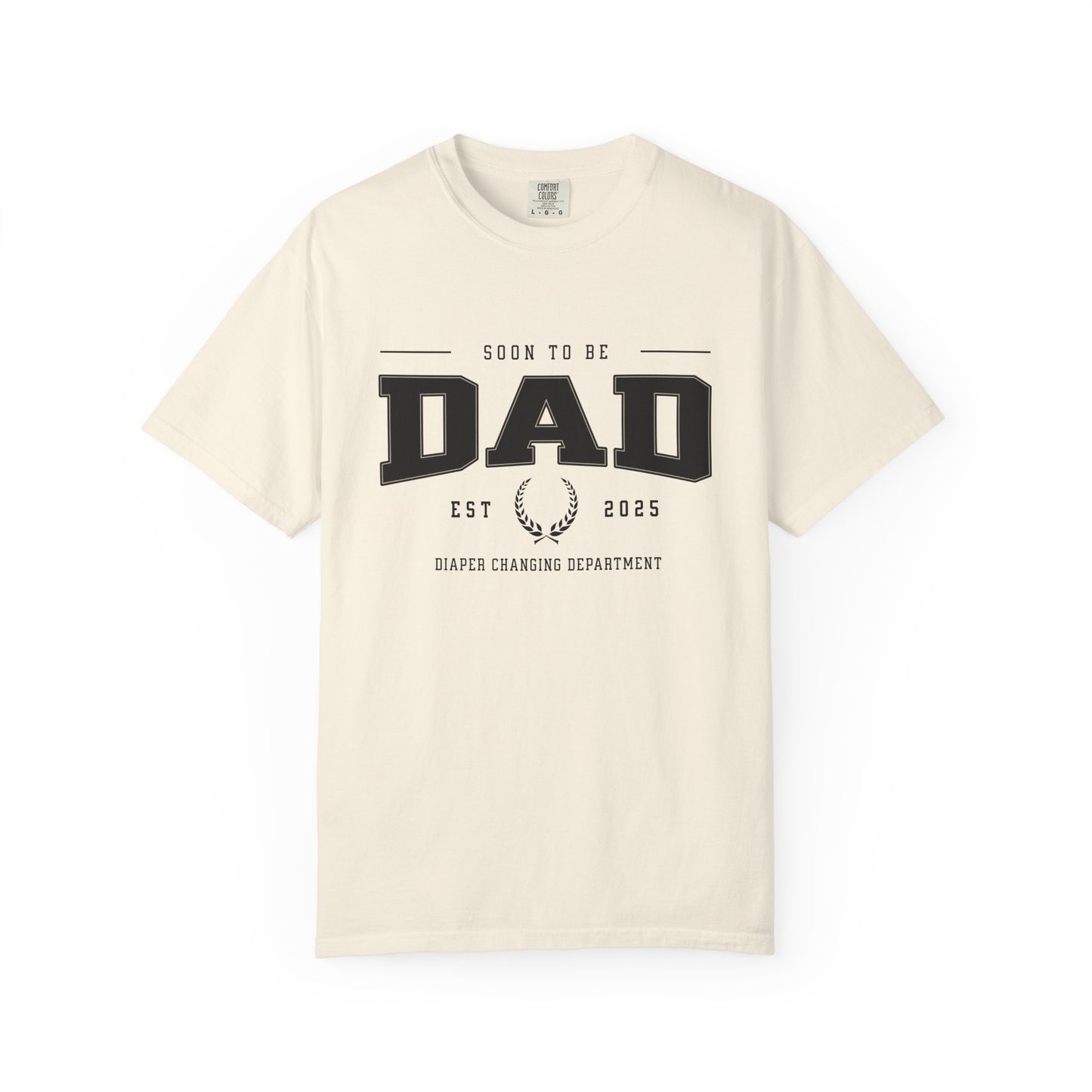 Beige t-shirt with 'Soon to be Dad' text on a white background