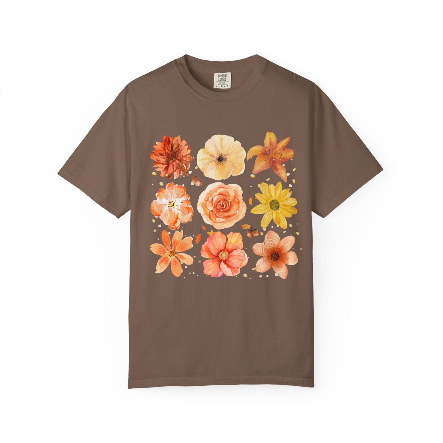 Brown t-shirt with colorful floral design on a white background