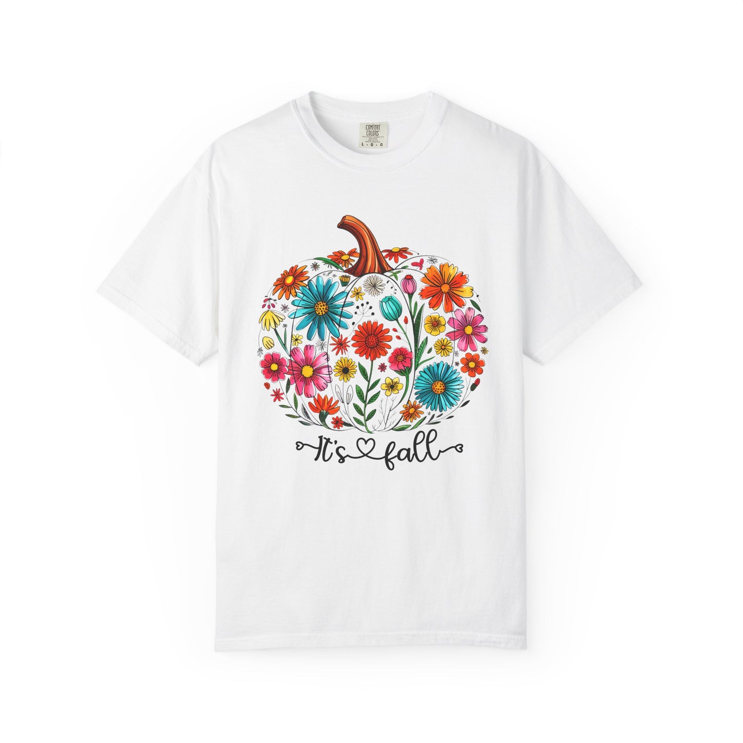 White t-shirt with a colorful pumpkin design and 'It's Fall' text on a white background