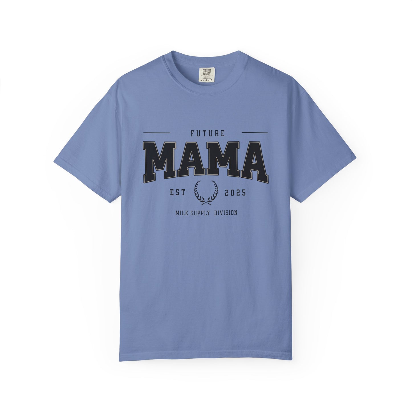 Blue t-shirt with 'Future Mama' text on a white background
