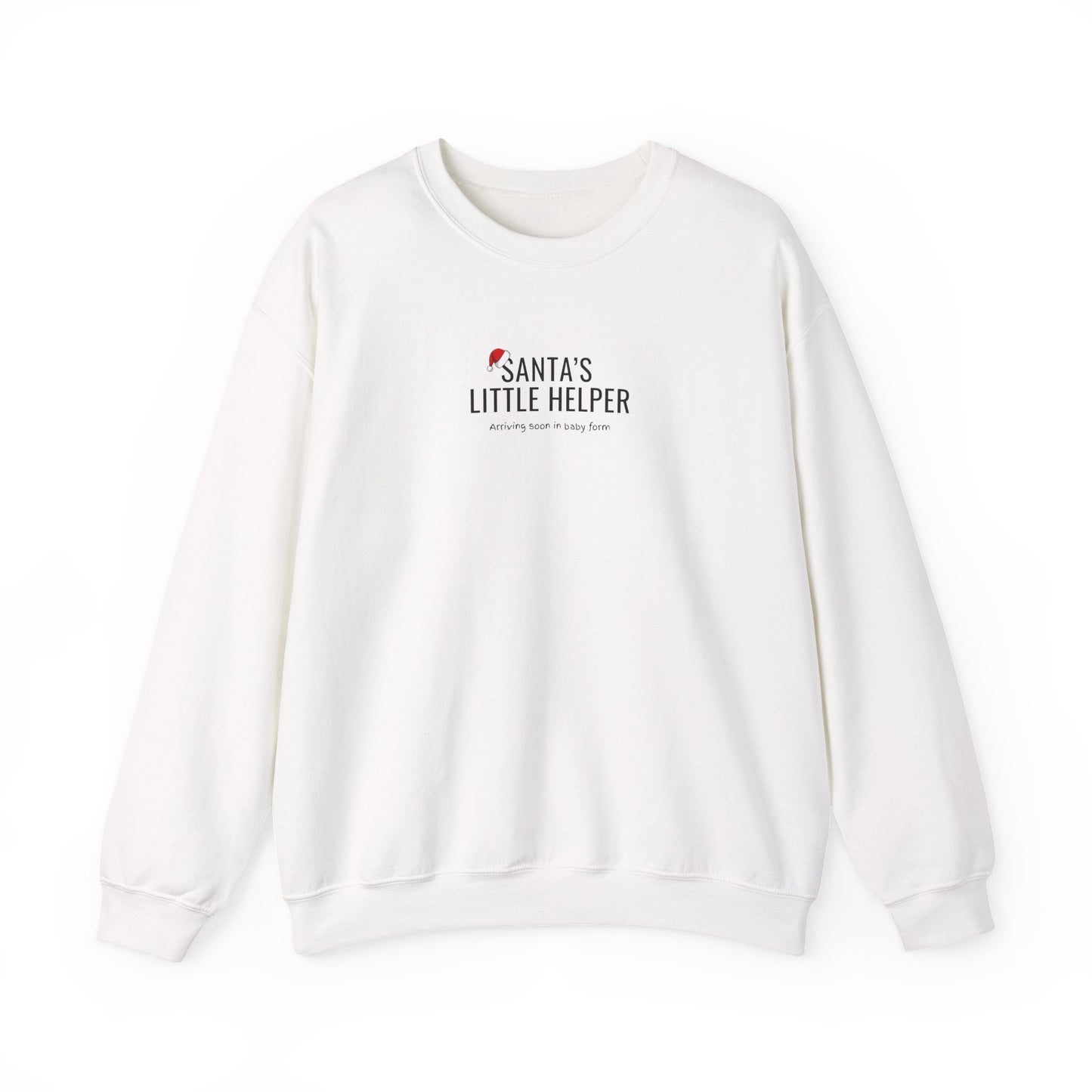 White sweatshirt with 'Santa's Little Helper' text on a white background
