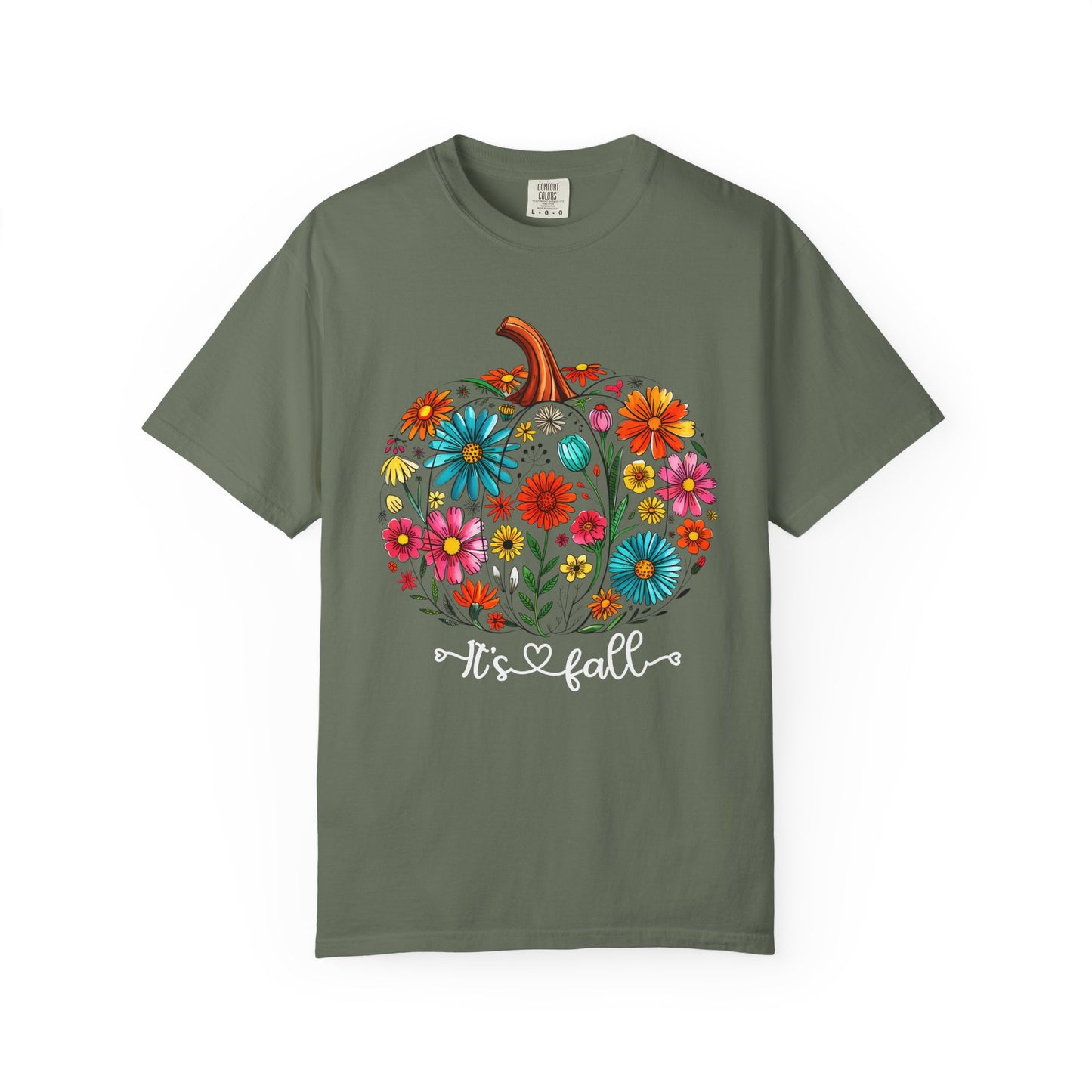 Green t-shirt with a colorful pumpkin design and 'It's fall' text on a white background