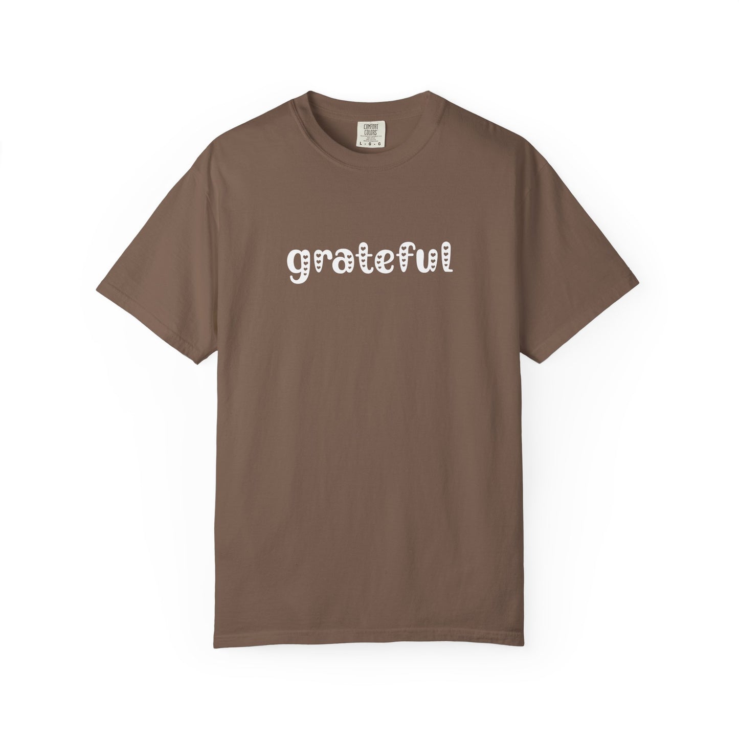 Brown t-shirt with 'grateful' text on a white background