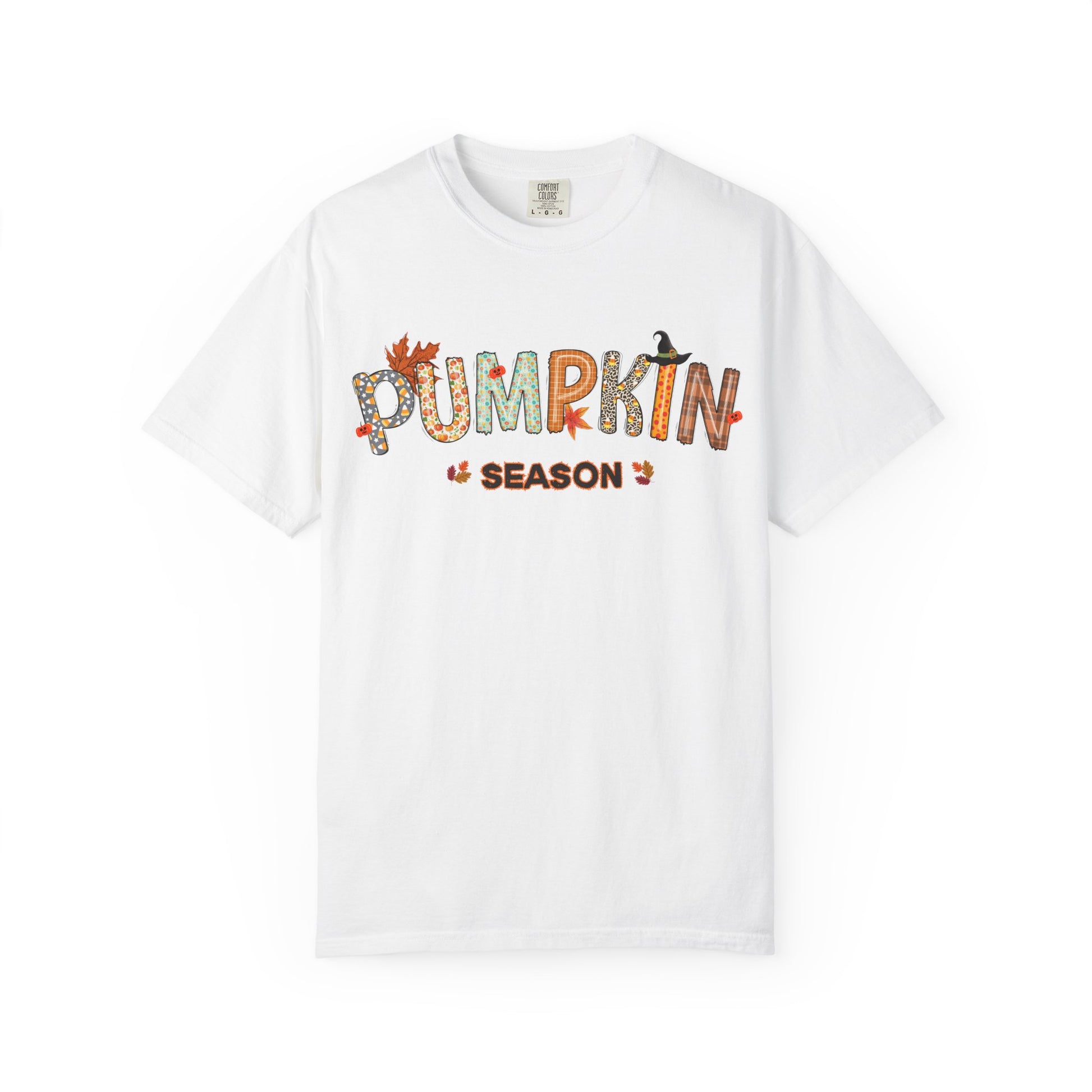 White t-shirt with 'Pumpkin Season' text design on a white background