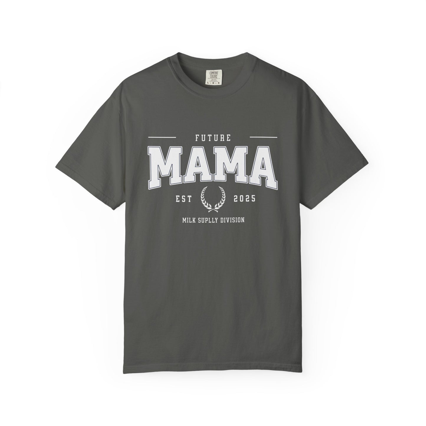 Gray t-shirt with 'Future Mama' text on a white background
