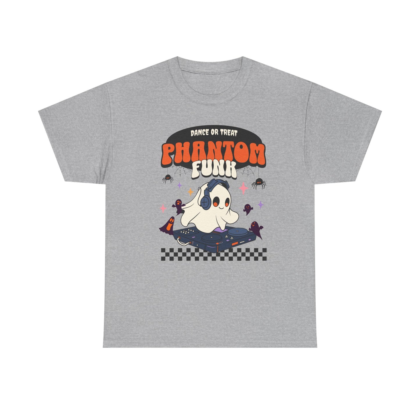 Gray t-shirt with a ghost and 'Phantom Funk' design on a white background