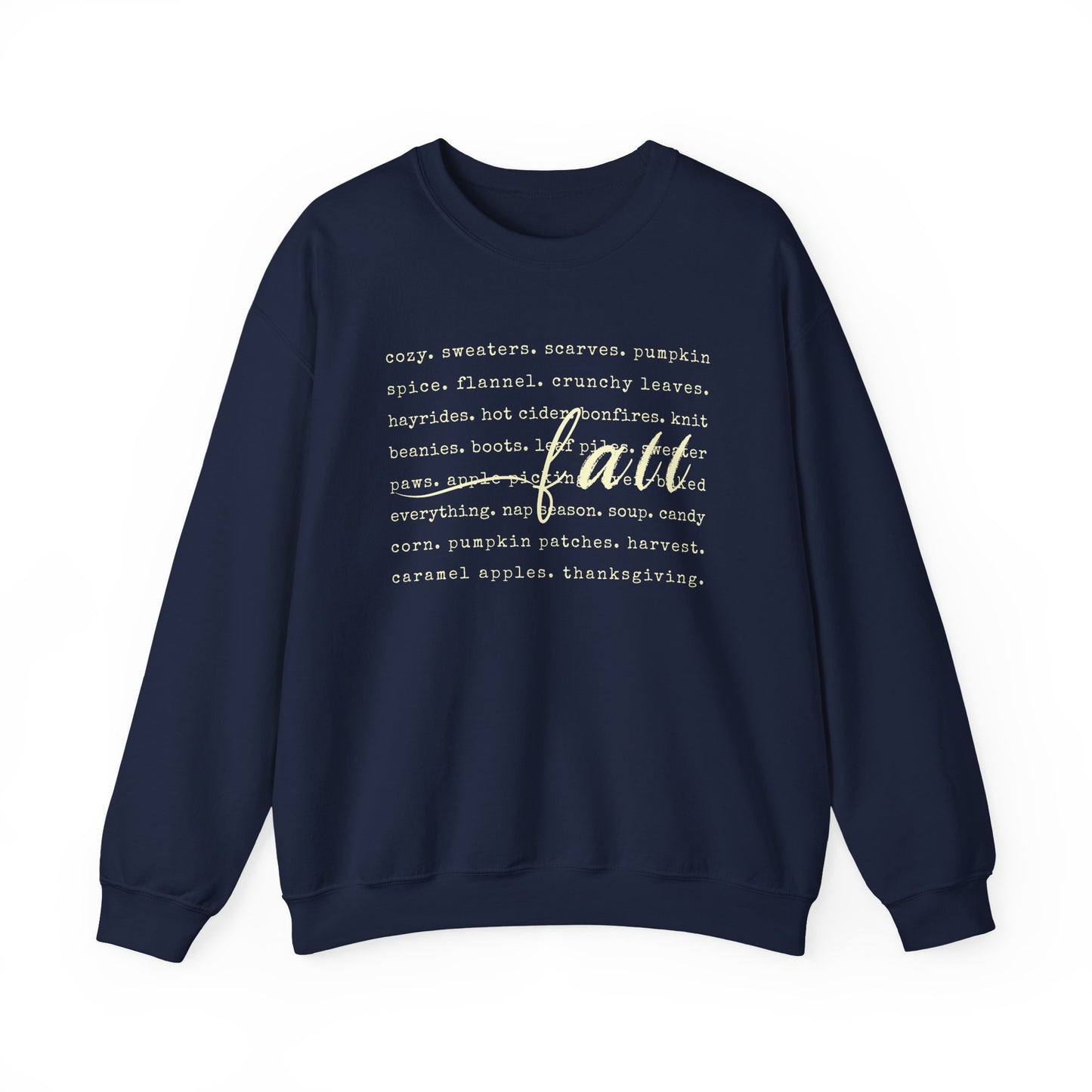Navy blue sweatshirt with white text on a white background