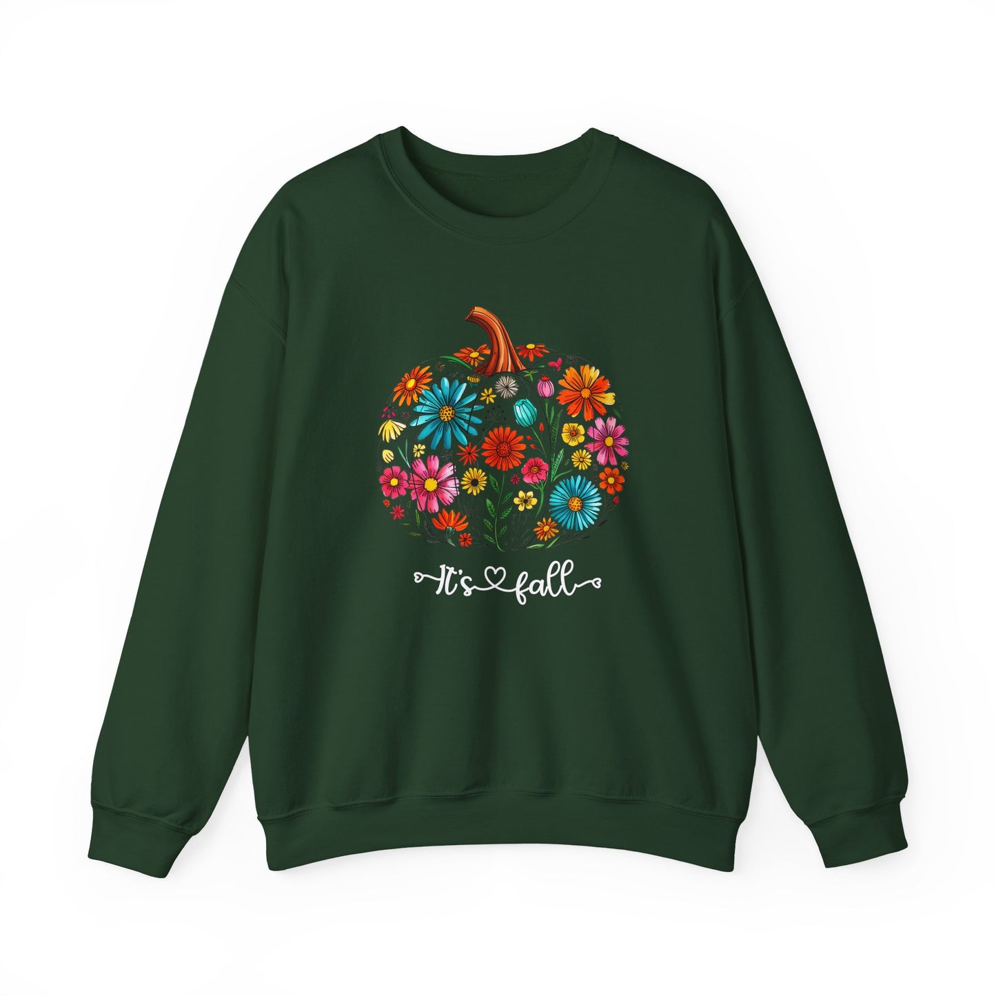 Green sweatshirt with a floral pumpkin design and 'It's Fall' text on a white background