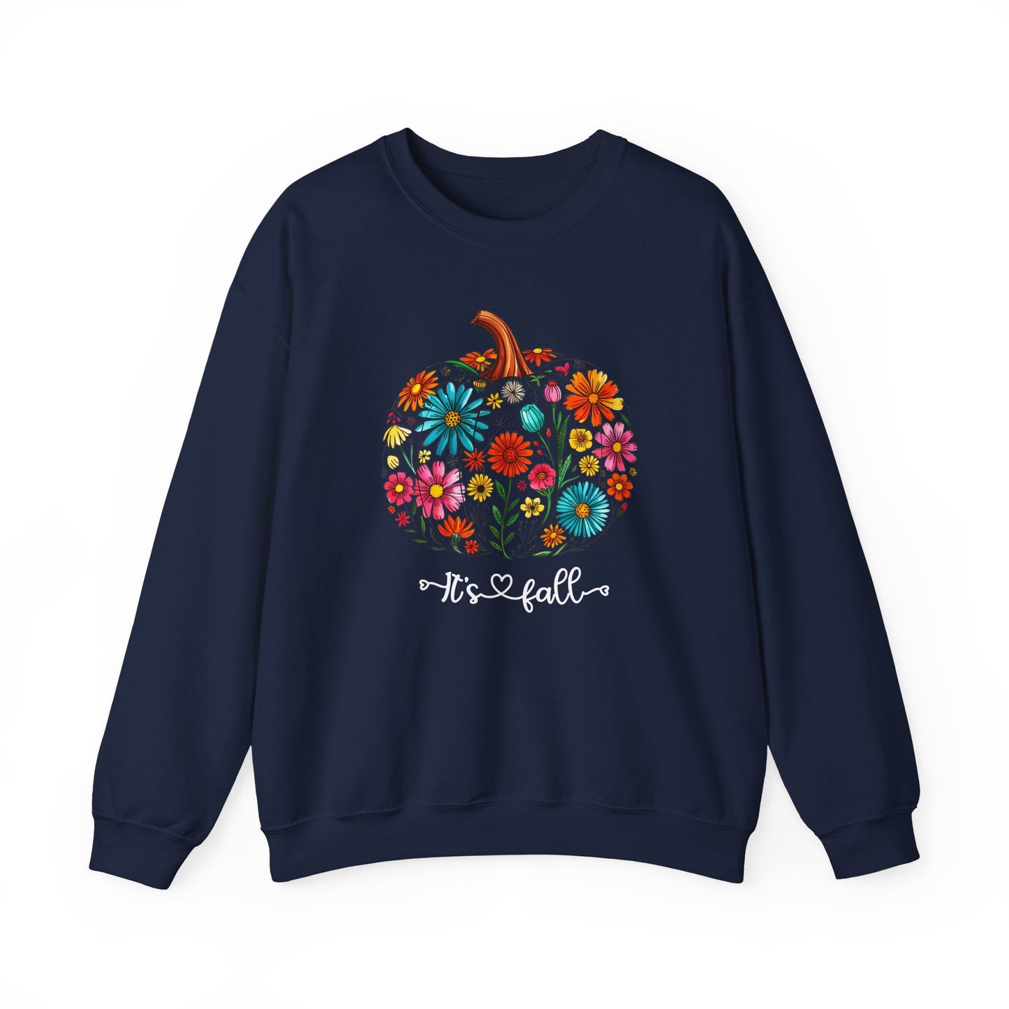 Navy blue sweatshirt with a colorful pumpkin design and 'It's Fall' text on a white background