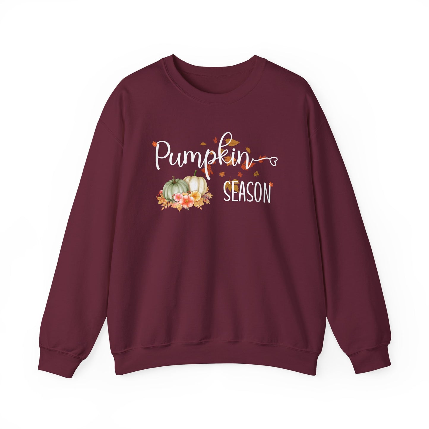 Maroon sweatshirt with 'Pumpkin Season' text and pumpkin graphics on a white background