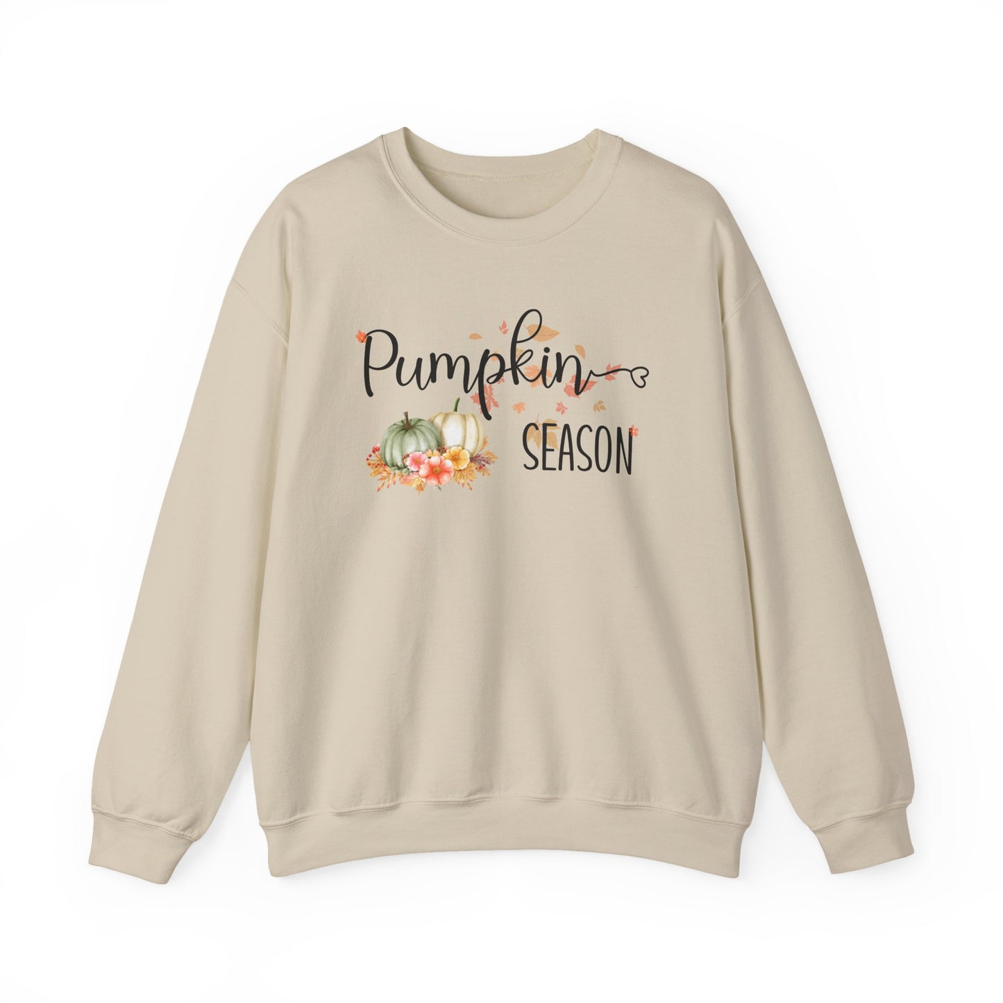 Beige sweatshirt with 'Pumpkin Season' text and graphics on a white background