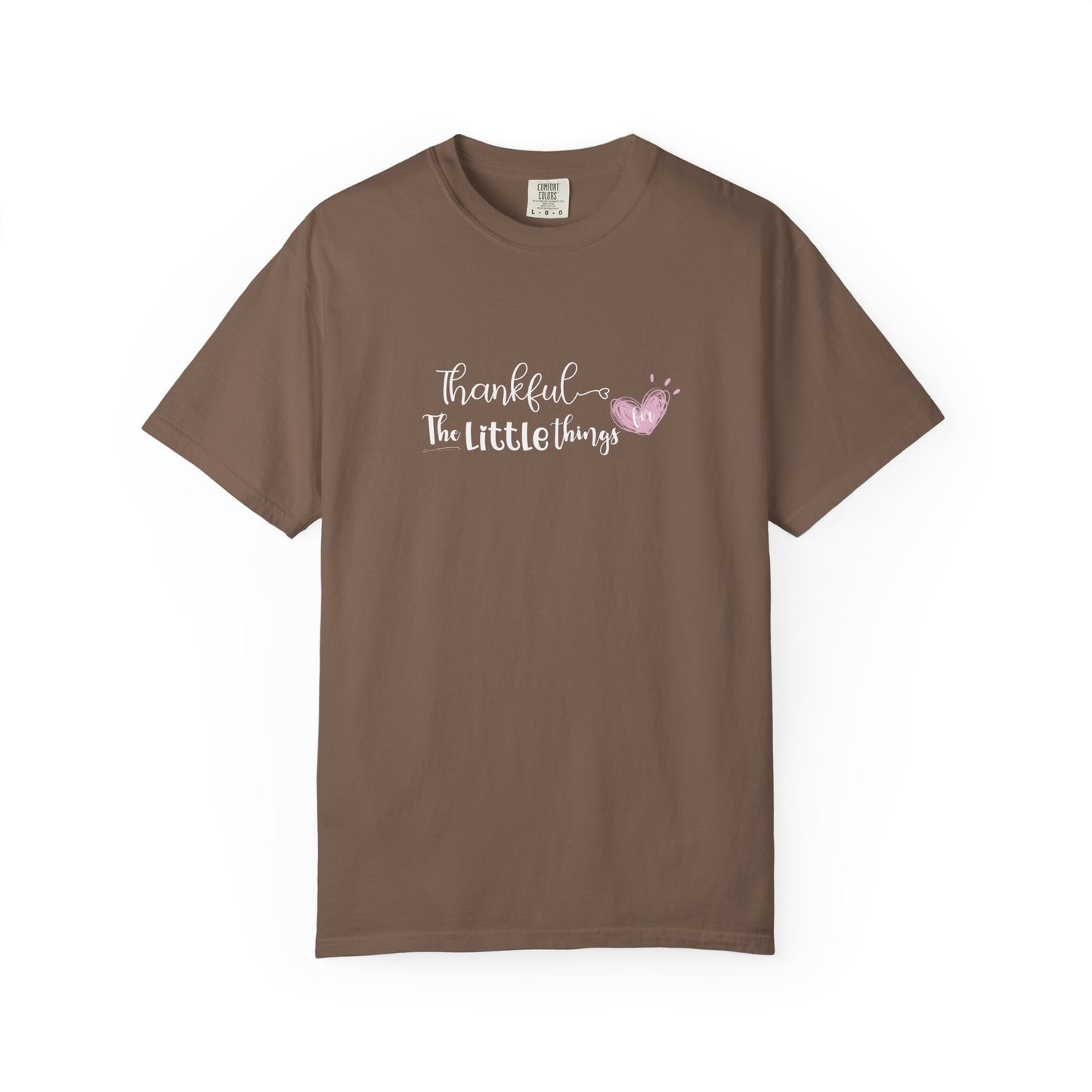 Brown t-shirt with 'thankful for the little things' text and heart design on a white background