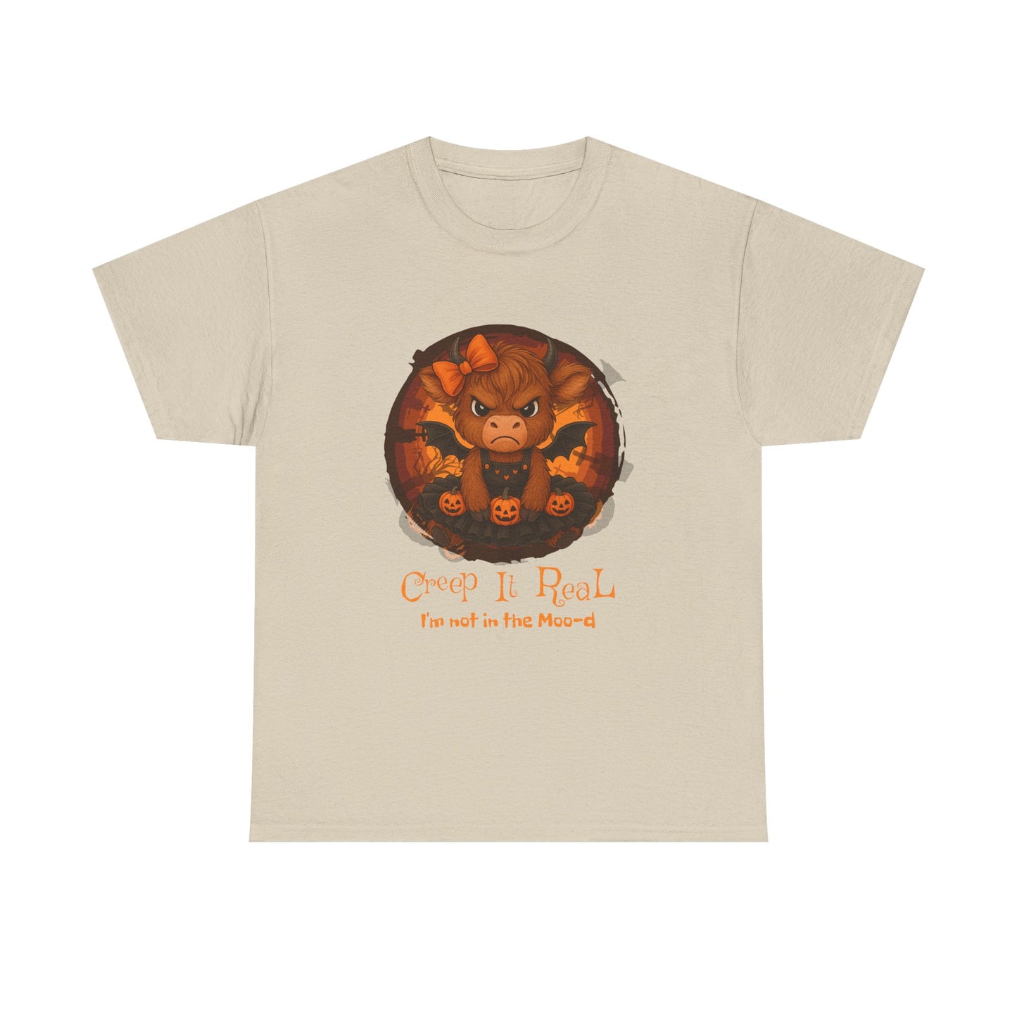 Beige t-shirt with a graphic of a bear in a tree stump and text on a white background