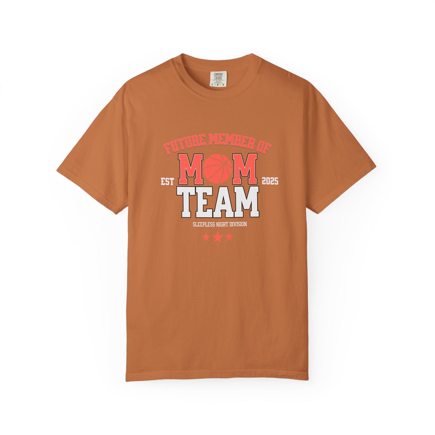 Brown t-shirt with 'Future Member of Mom Team' text on a white background