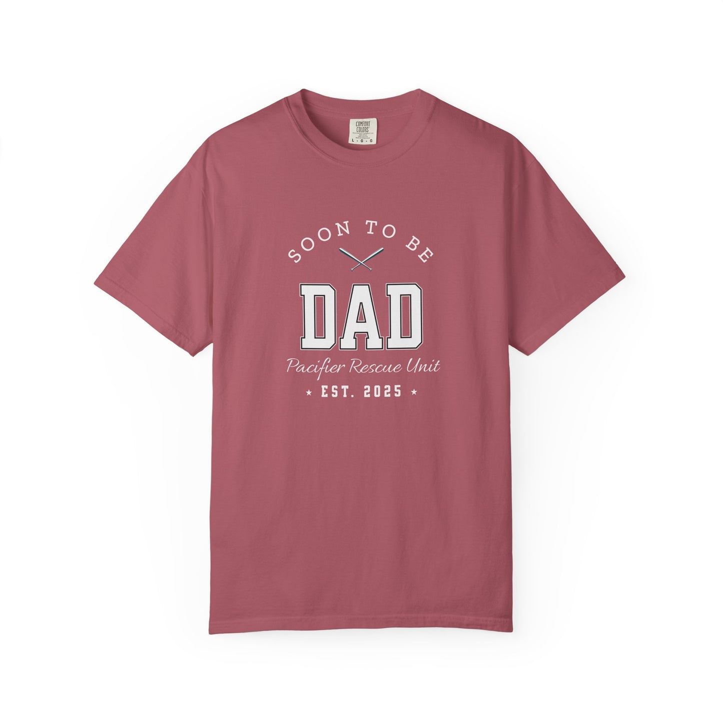 Maroon t-shirt with 'Soon to be Dad' text on a white background