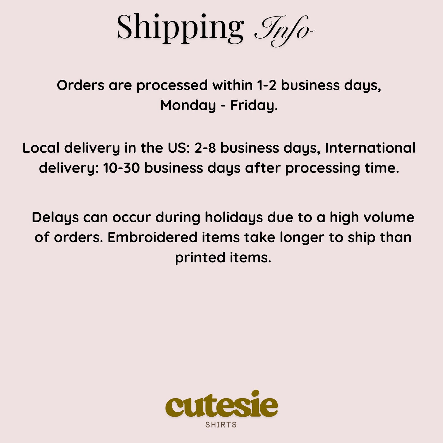 Shipping information text on a light pink background with 'cutesie shirts' logo.