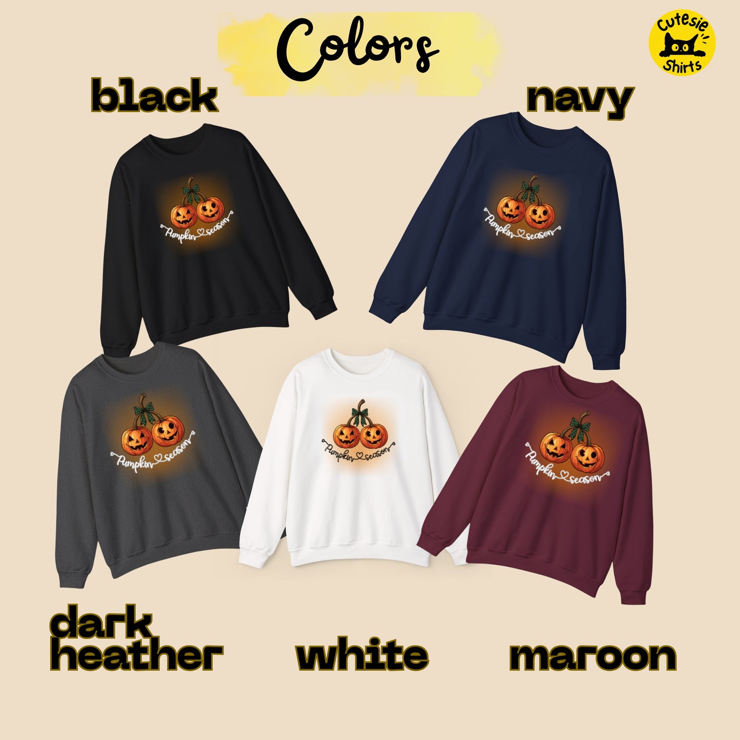 Five sweatshirts in black, navy, dark heather, white, and maroon with pumpkin design on a beige background.